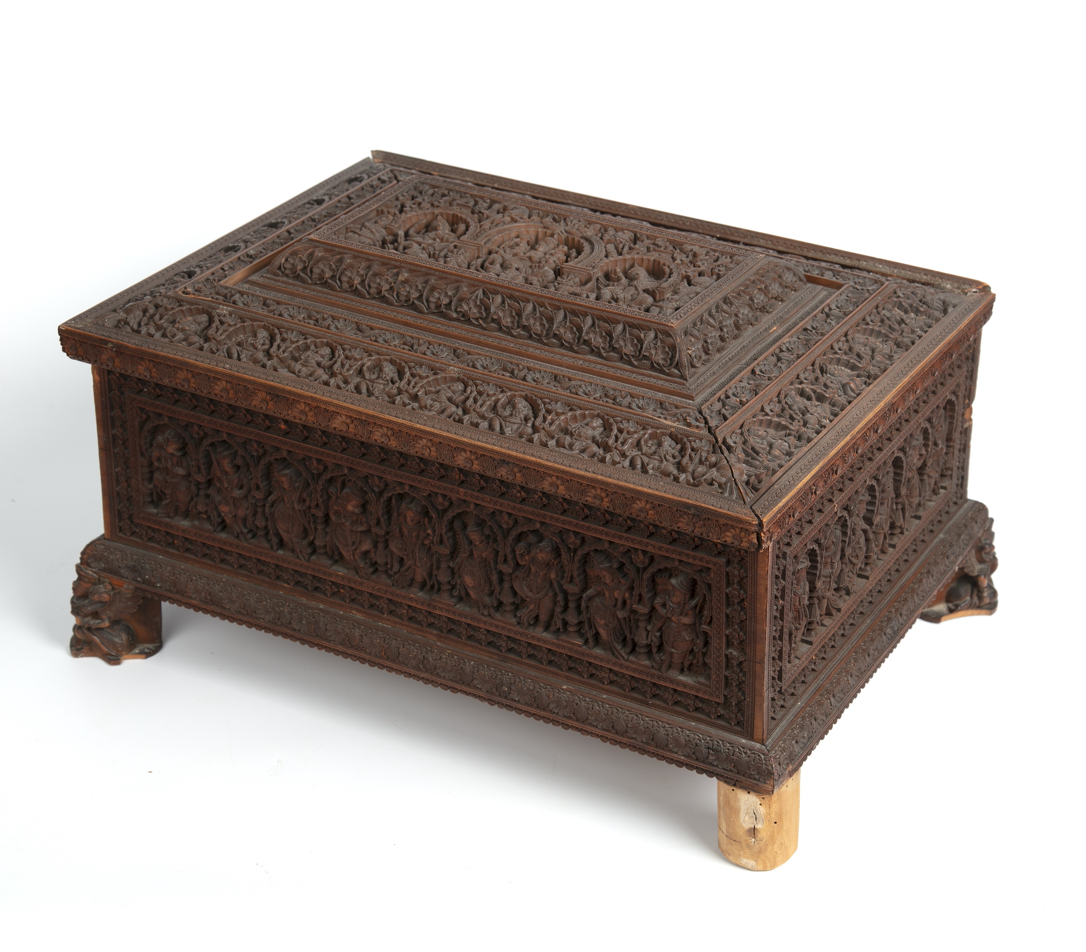 A 19th century Indian carved sandalwood box the lid opening to reveal nine compartments 39cm wide - Image 2 of 7
