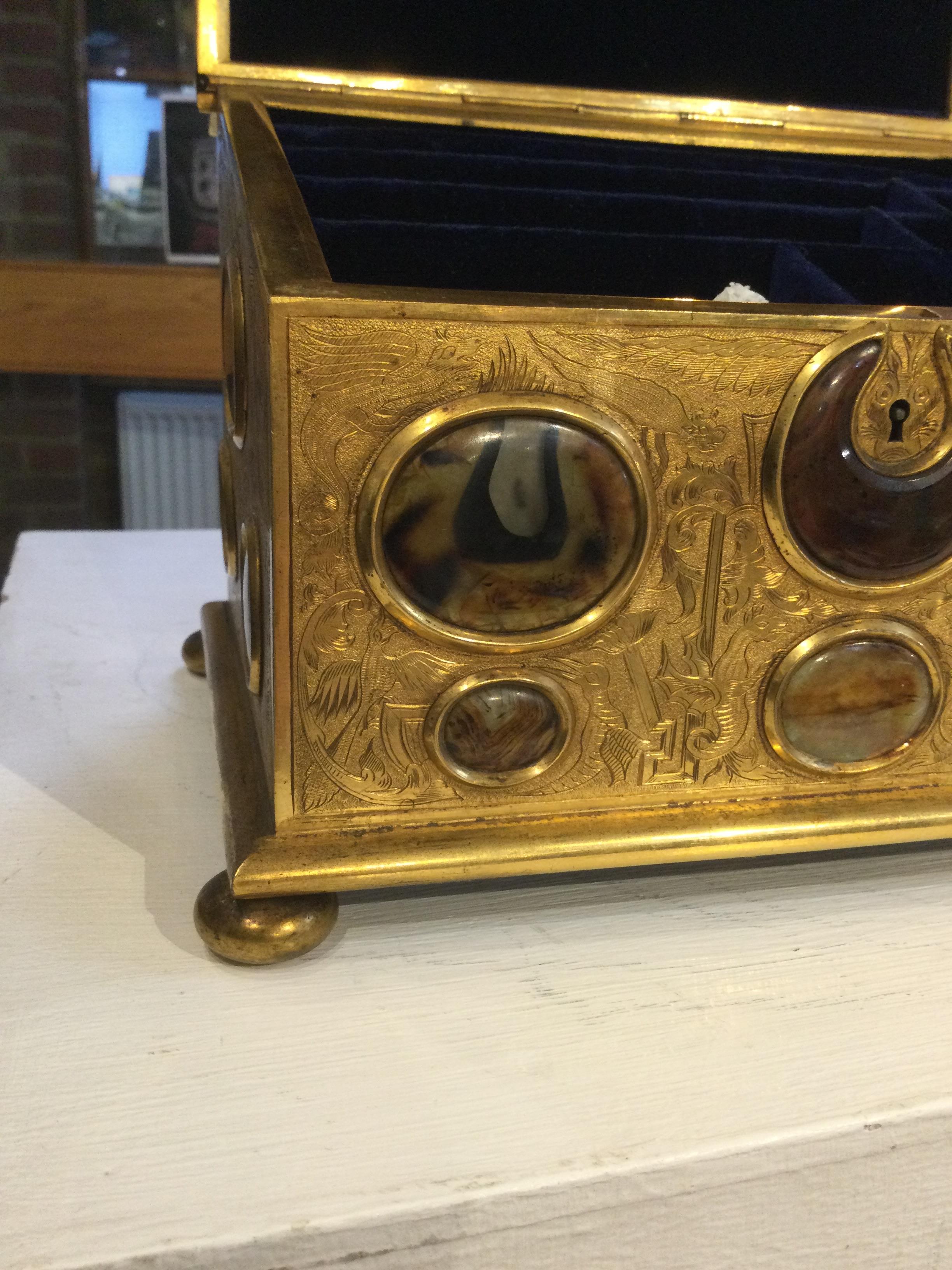 A 19th century correspondence gilt box with engraved decoration and inset cabochon stones hardstones - Image 22 of 25