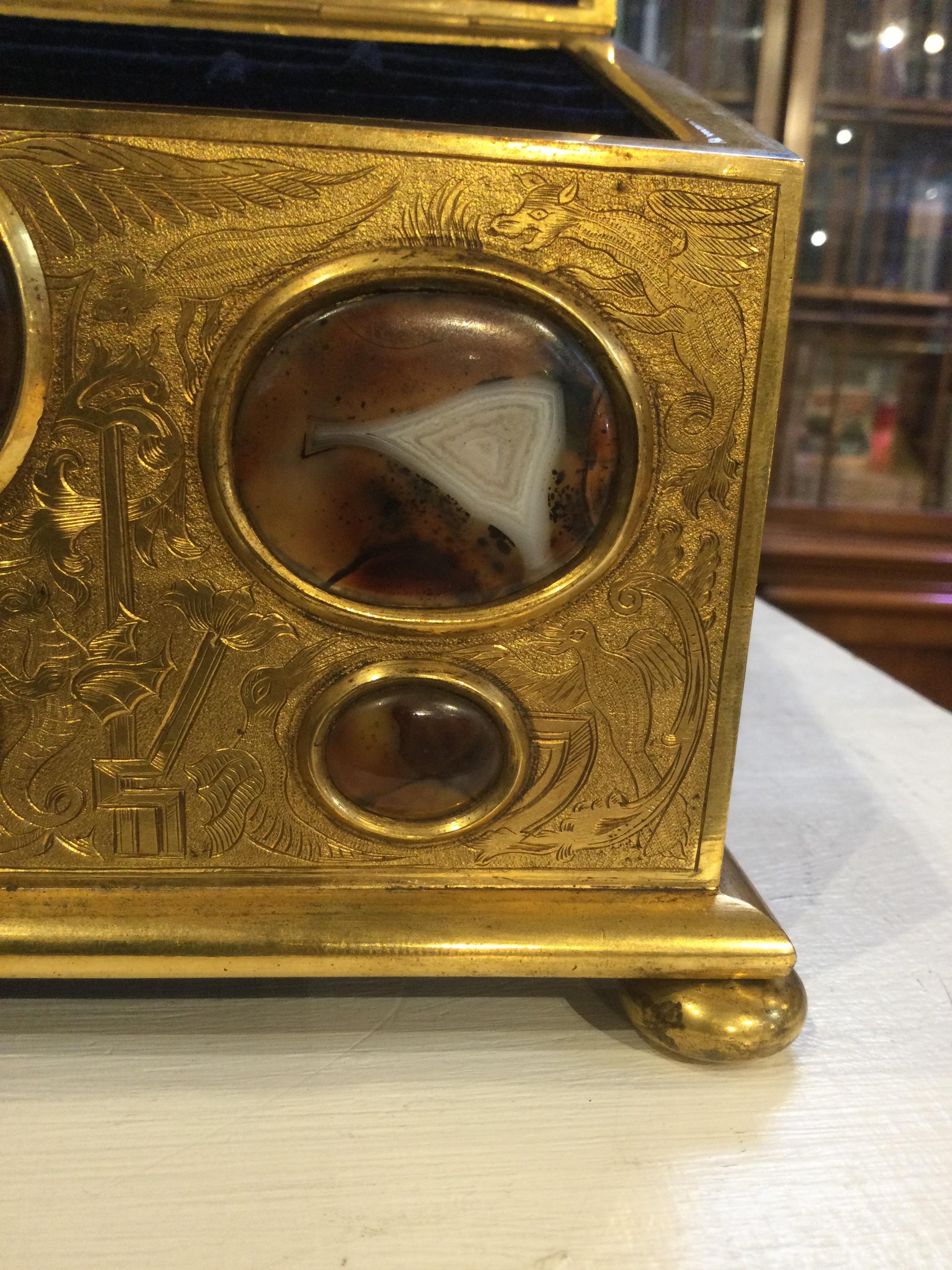 A 19th century correspondence gilt box with engraved decoration and inset cabochon stones hardstones - Image 21 of 25