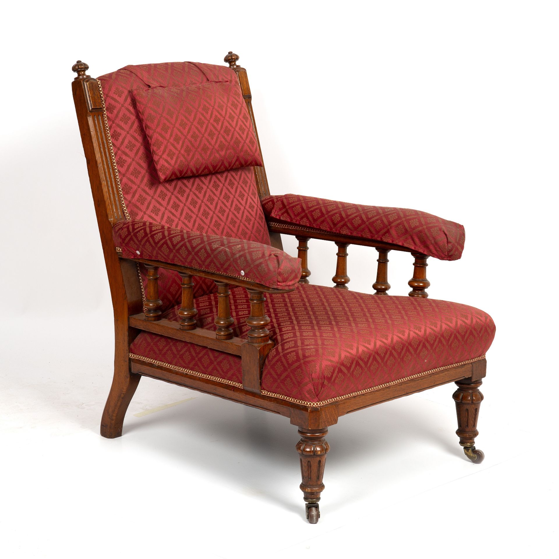A Victorian oak upholstered armchair the open arms with turned supports and having turned front legs - Image 3 of 4