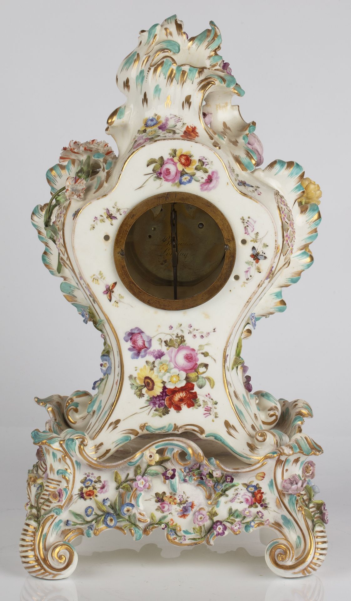 A 19th century porcelain mantel timepiece, the engine turned gilt dial with blue enamel Roman - Image 4 of 9