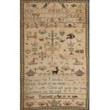 A late 18th century sampler, worked by Dinah Reynolds age 17 in 1798 25cm x 39cm.