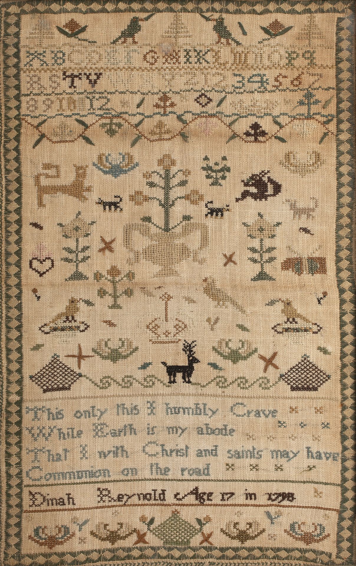 A late 18th century sampler, worked by Dinah Reynolds age 17 in 1798 25cm x 39cm.