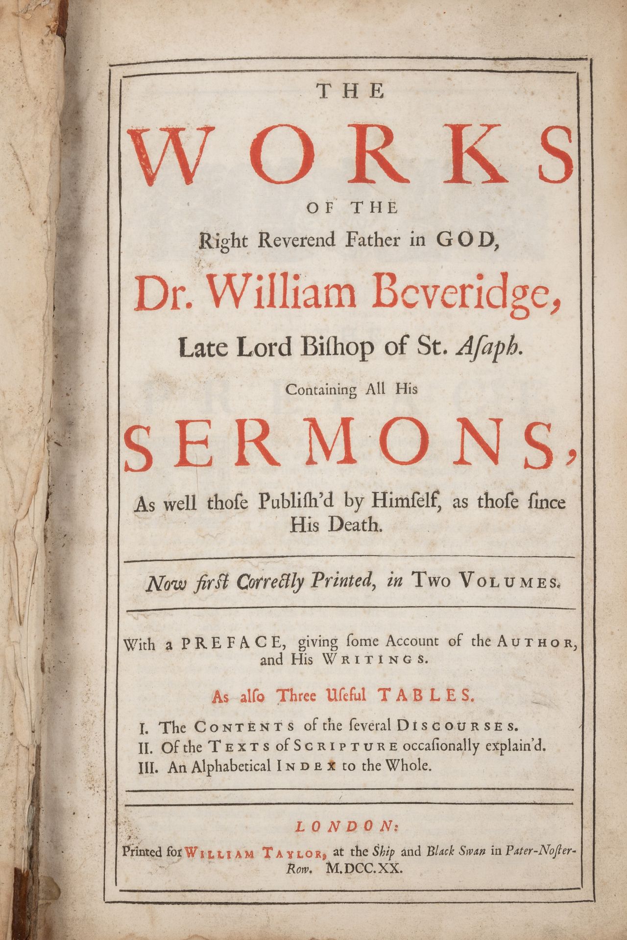 Beveridge (Dr William). Late Lord Bishop of St Asaph - Works thereof. William Taylor, London 1720. 2
