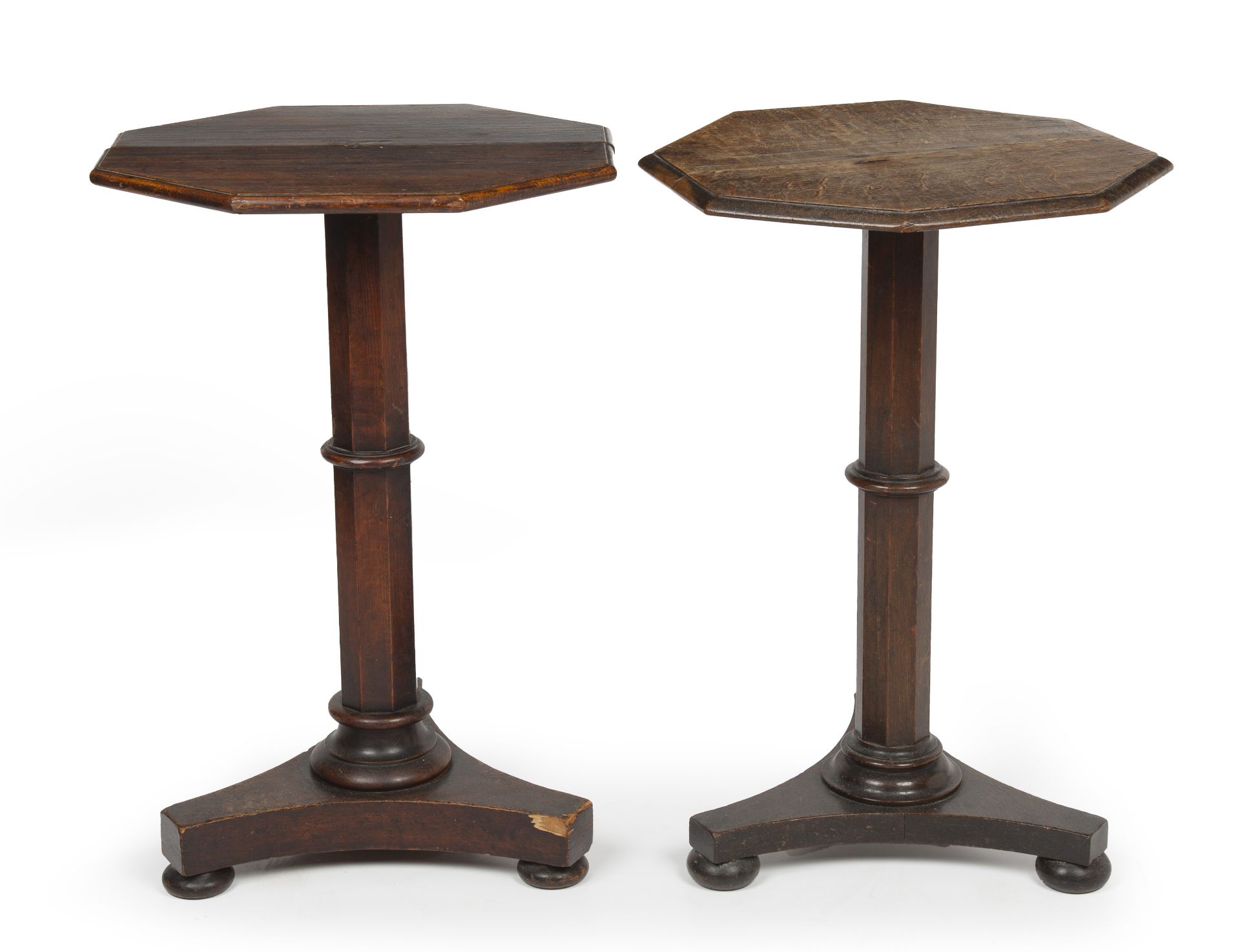 Two similar 19th century oak octagonal tables with triform bases each approximately 49cm wide 73cm - Image 2 of 3