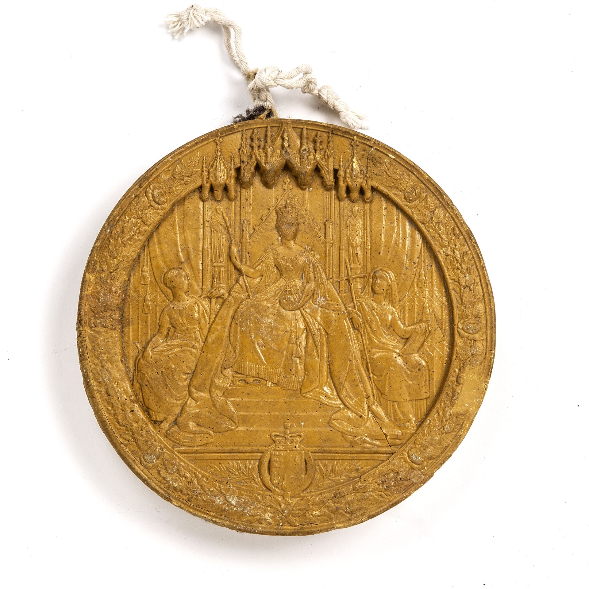 A Victorian wax relief 'Great Seal Of The Realm' 16cm diameter. Marks and damages. - Image 2 of 2