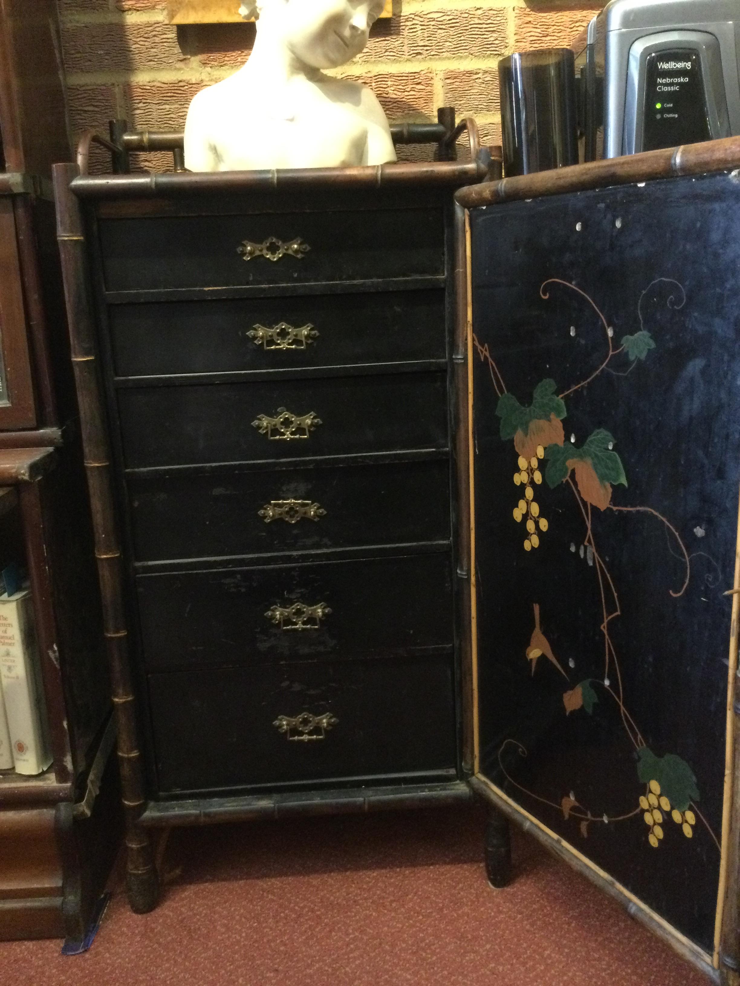 A late 19th century lacquered bamboo cabinet with a single door opening to reveal six drawers 47cm - Image 6 of 47