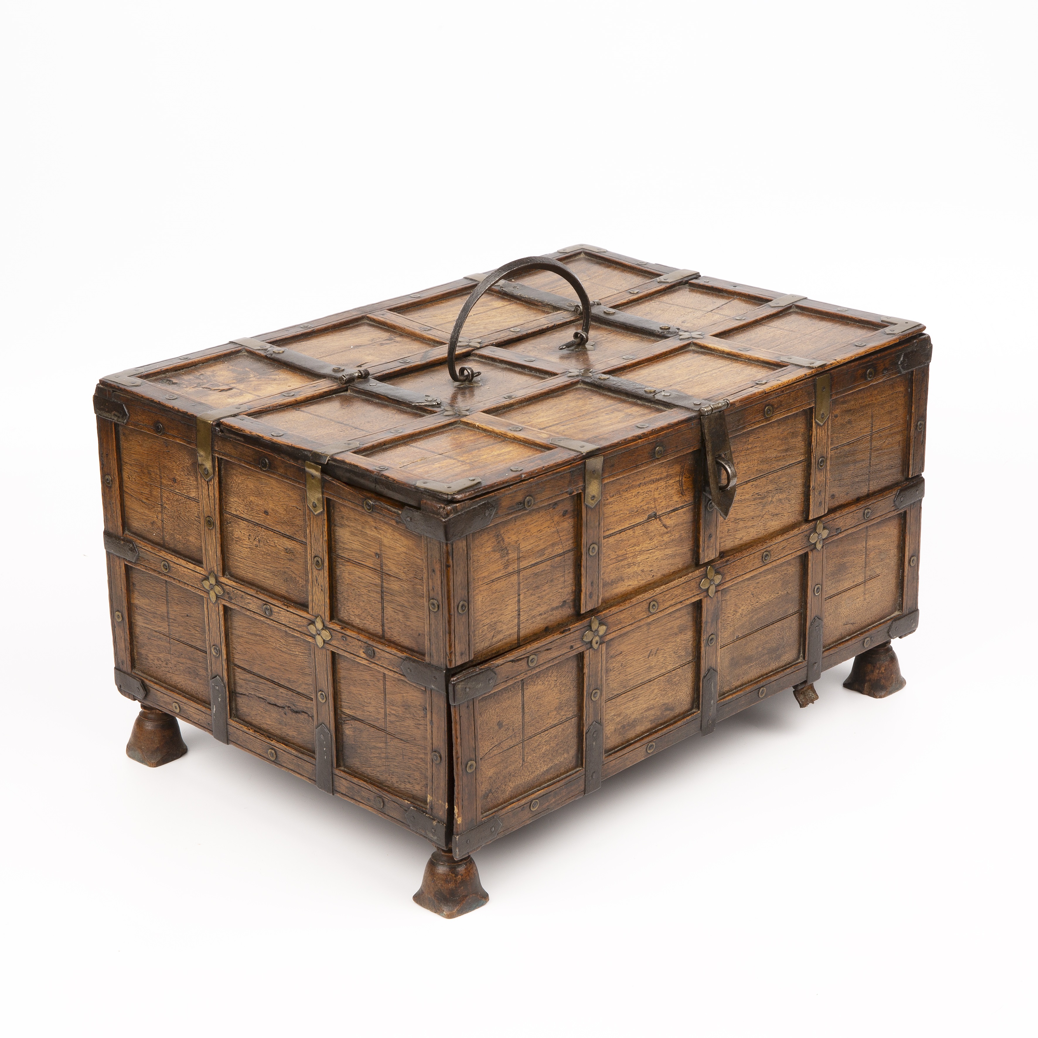 A late 18th early 19th century Indian dowry box with metal mounts and turned feet 37cm wide 26cm - Image 6 of 6
