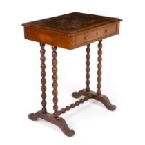 A Victorian walnut work table with bobbin turned supports 54cm wide 43cm deep 67cm high