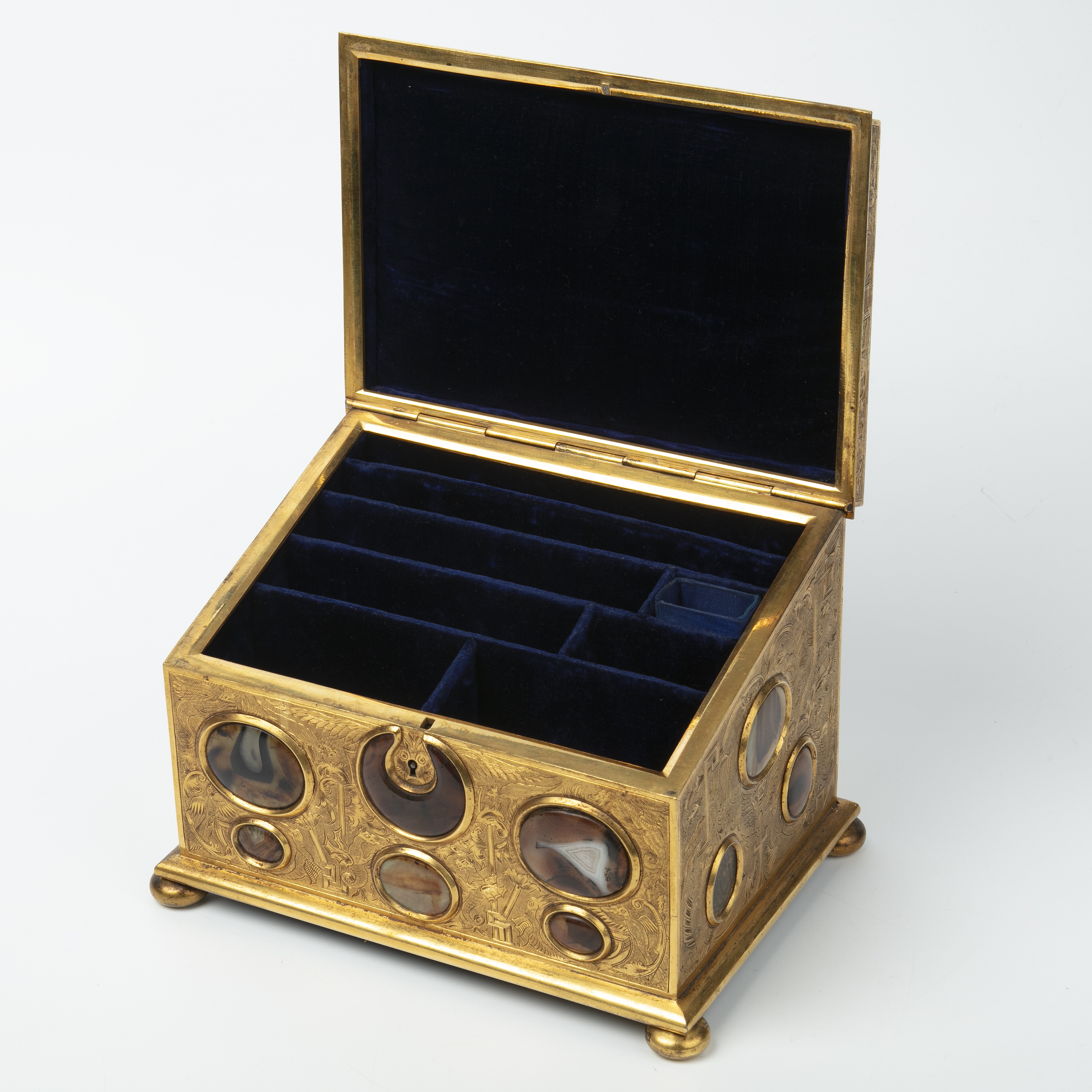 A 19th century correspondence gilt box with engraved decoration and inset cabochon stones hardstones - Image 4 of 25