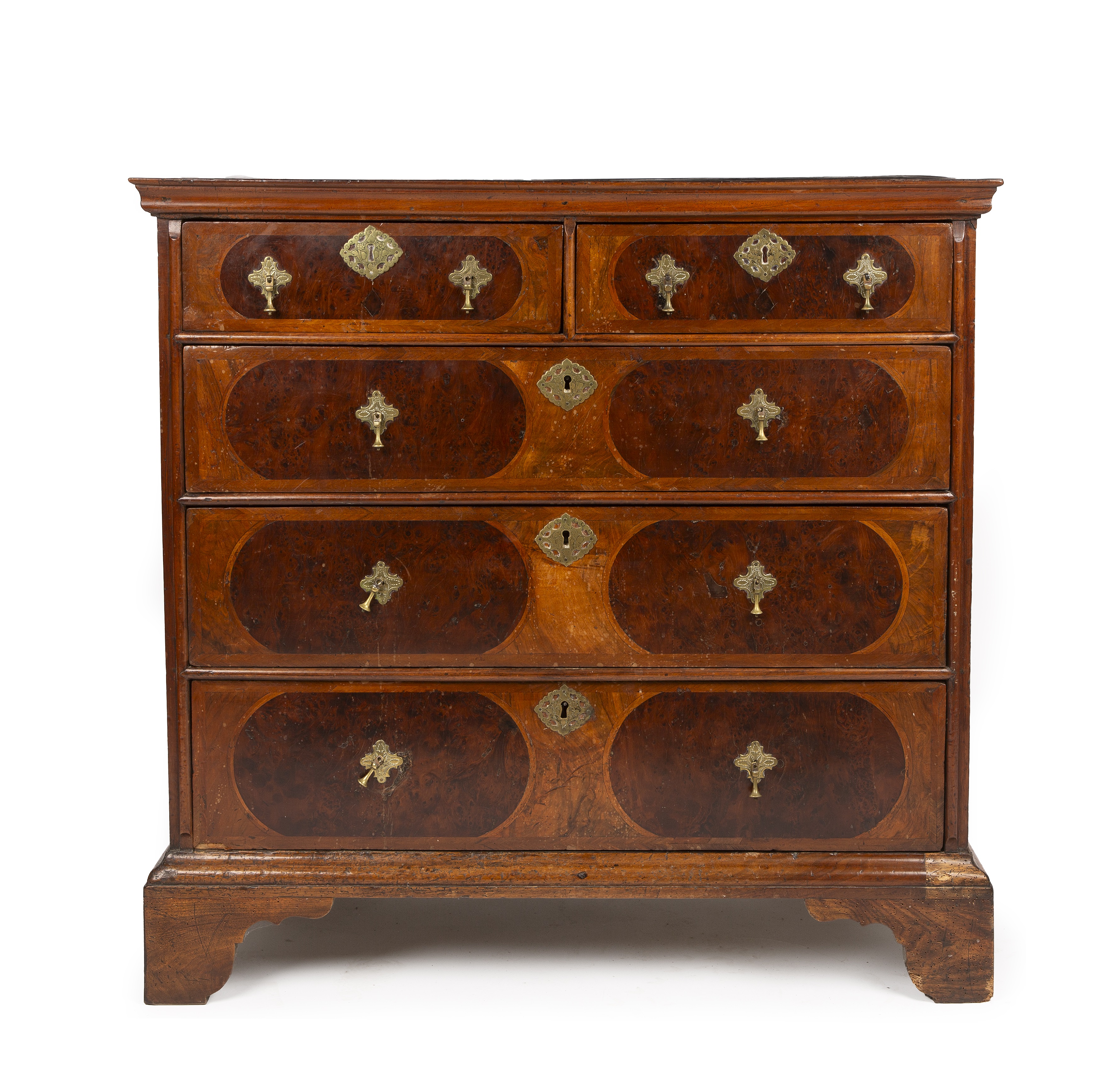 An 18th century walnut and burr wood inlaid chest of two short and three long drawers having brass - Image 2 of 18