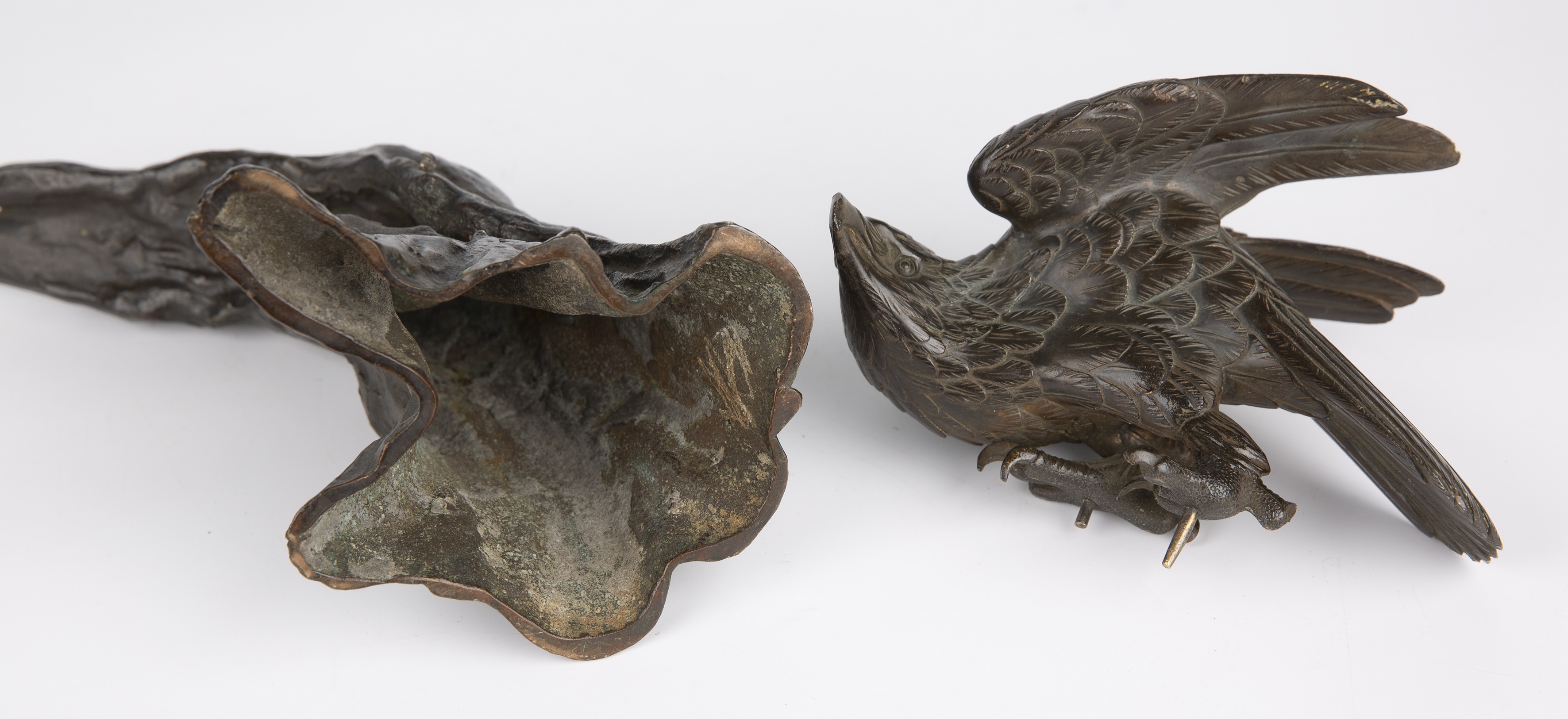 A 19th century Japanese bronze eagle on tree perch 15cm wide 26cm high together with an eastern - Image 7 of 11