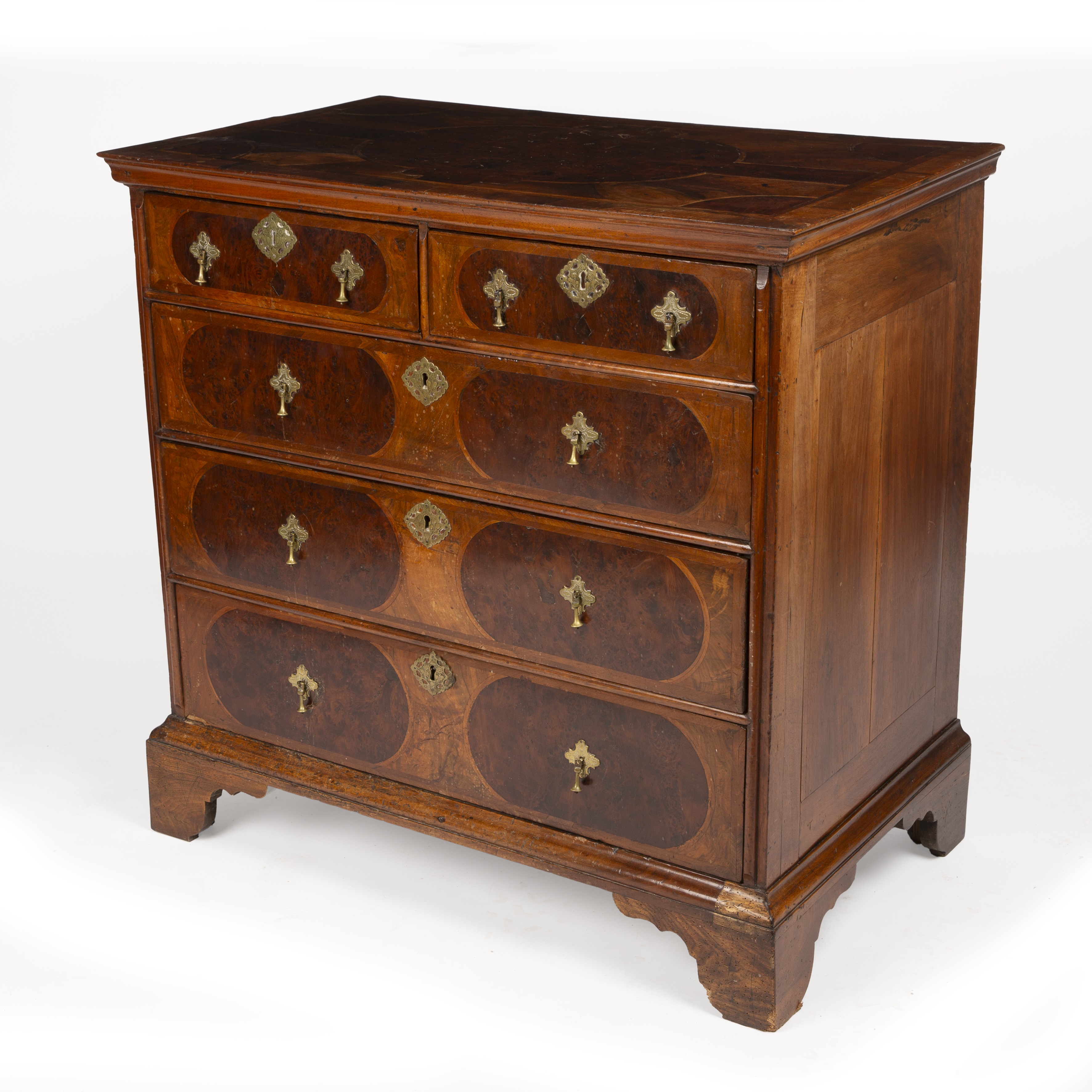 An 18th century walnut and burr wood inlaid chest of two short and three long drawers having brass - Image 3 of 18