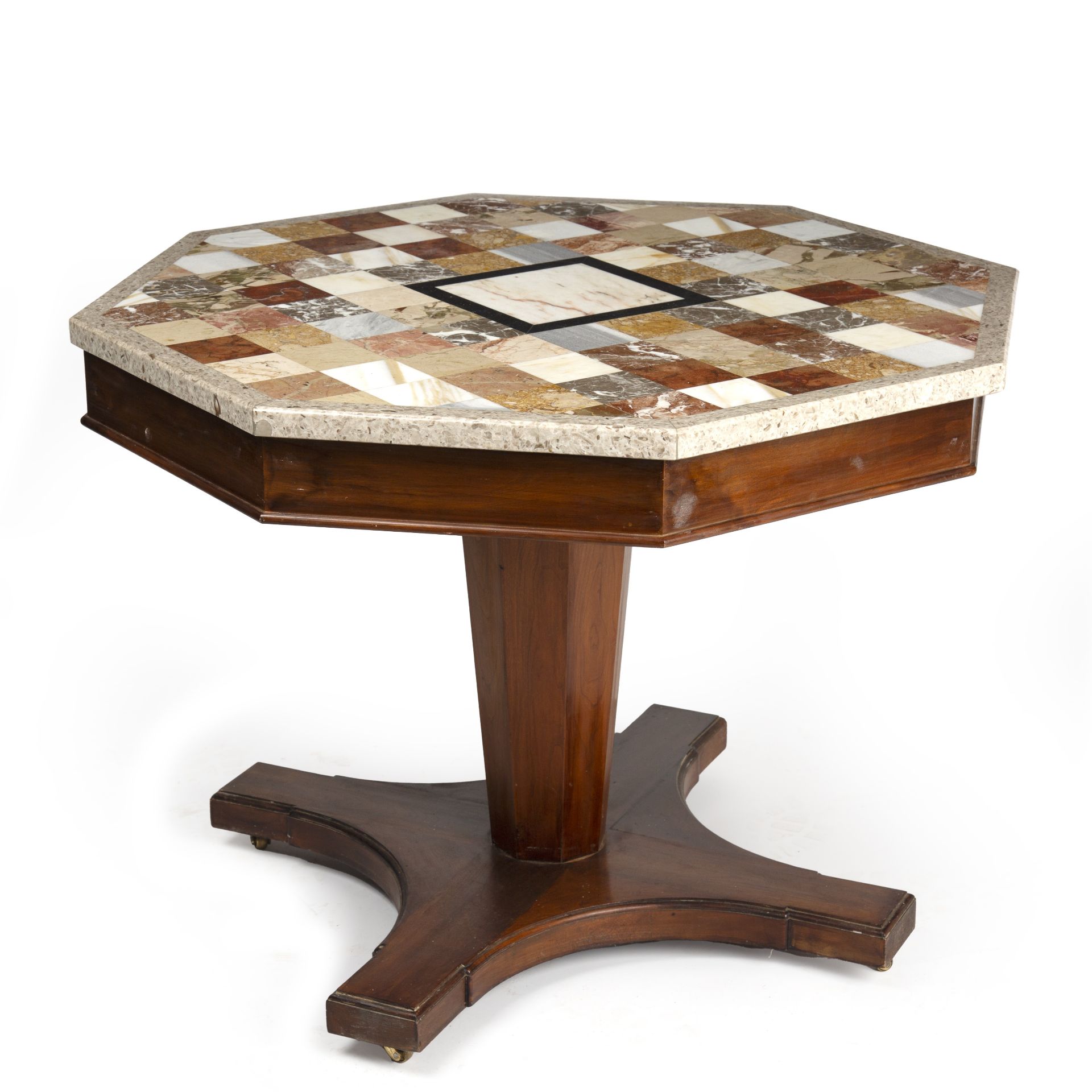 A late 20th century specimen marble octagonal topped centre table with a mahogany base, 90cm wide - Bild 3 aus 3