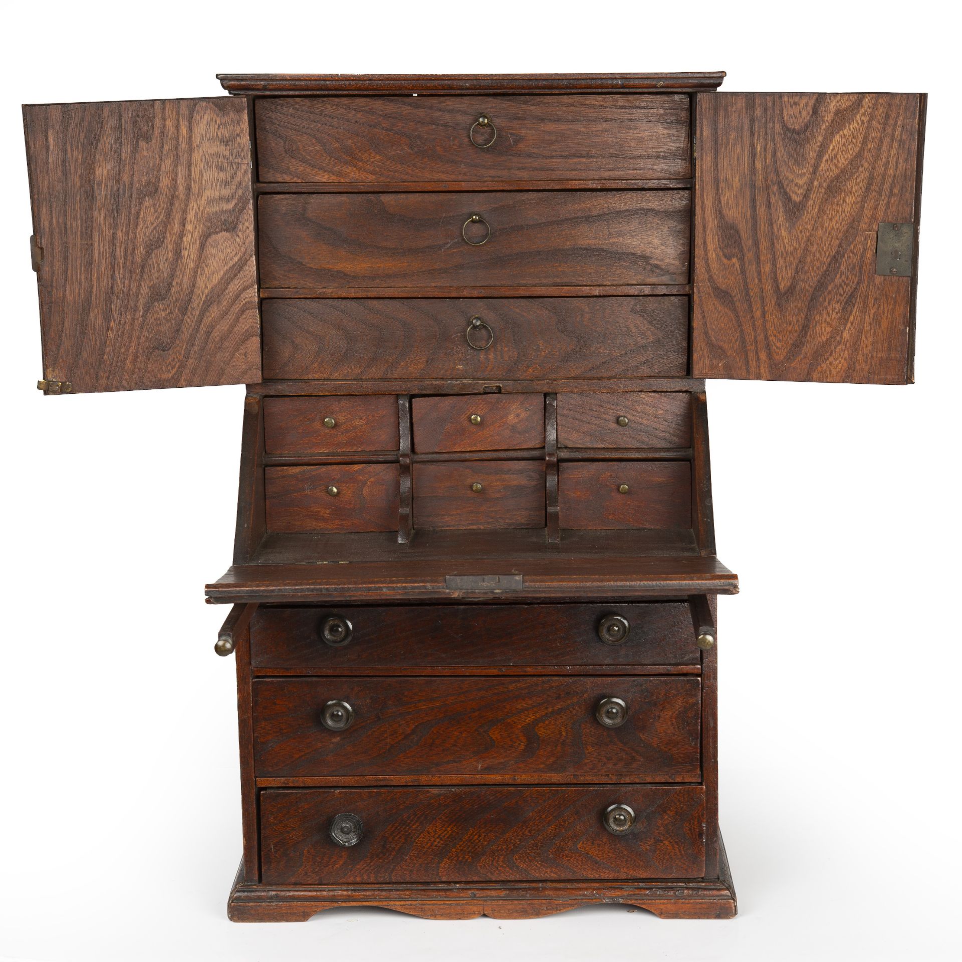 An 18th century elm apprentice bureau bookcase with panelled doors above a fall front three - Bild 3 aus 26