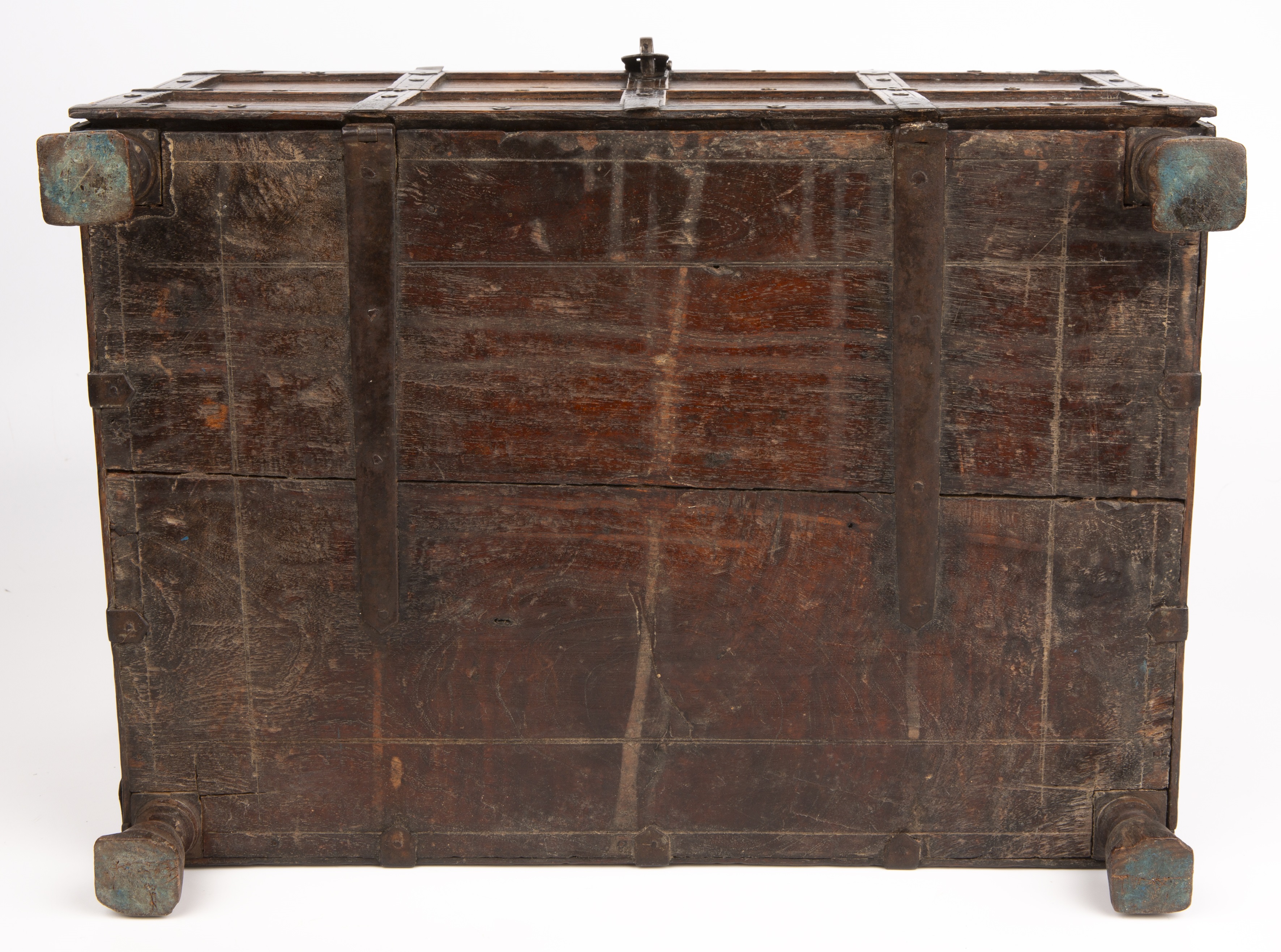 A late 18th early 19th century Indian dowry box with metal mounts and turned feet 37cm wide 26cm - Image 2 of 6