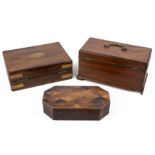 A Regency mahogany tea caddy 25cm wide a rosewood box and a parquetry box 22cm wide.
