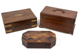 A Regency mahogany tea caddy 25cm wide a rosewood box and a parquetry box 22cm wide.