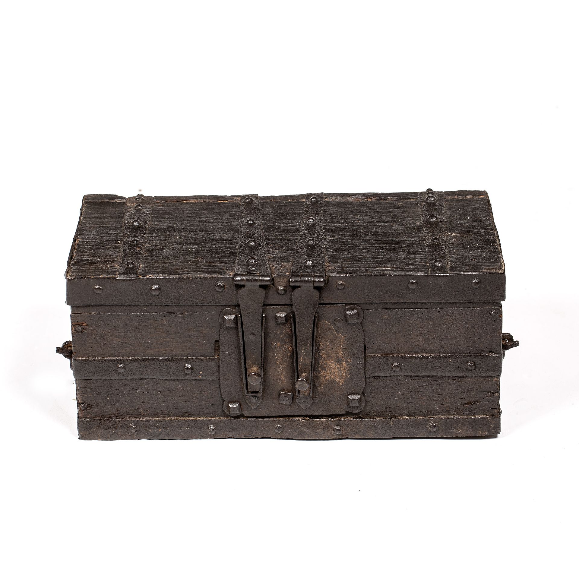 An early 16th century English studded iron bound money box 52cm wide 28cm deep 23cm high - Image 2 of 4