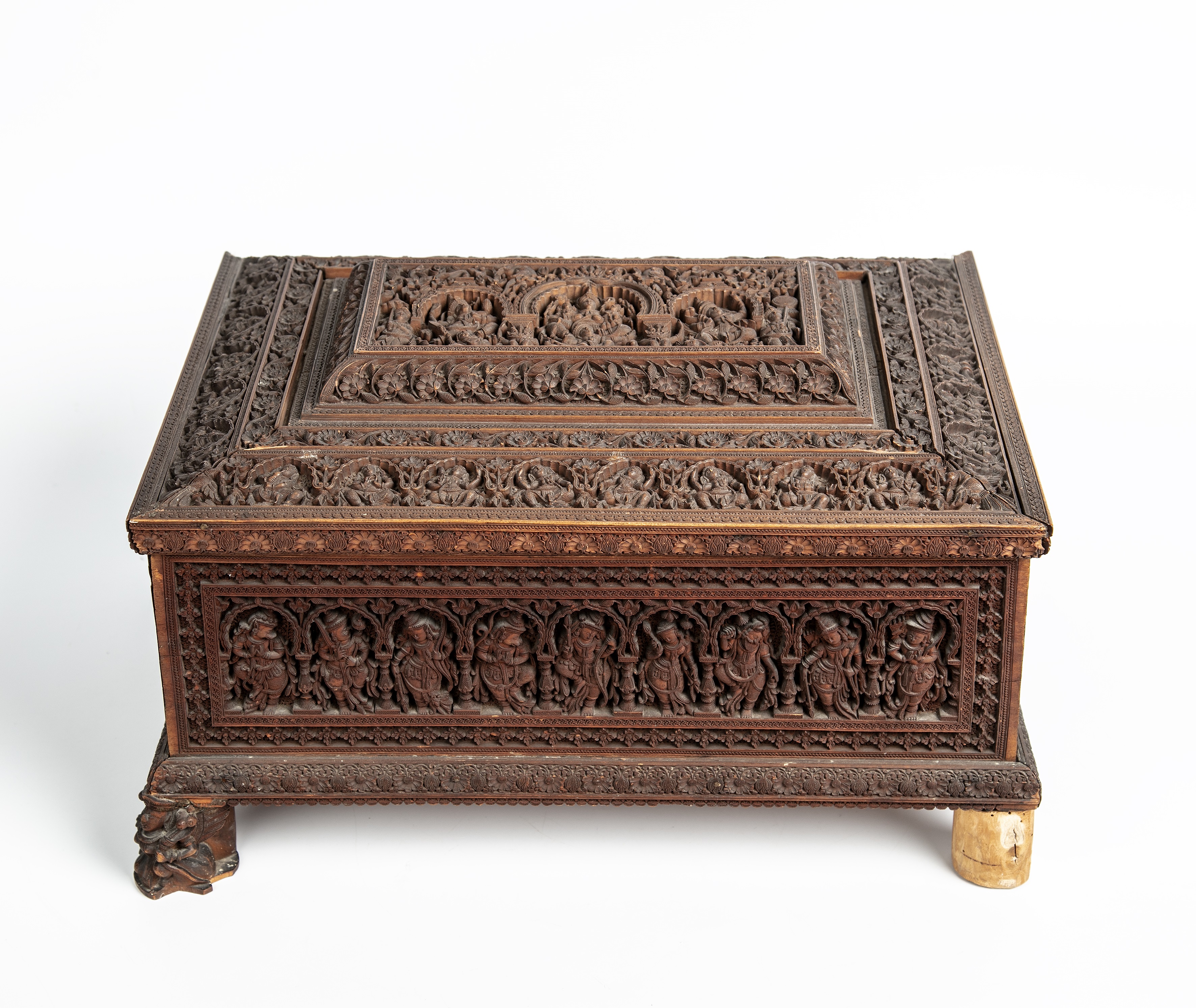 A 19th century Indian carved sandalwood box the lid opening to reveal nine compartments 39cm wide - Image 6 of 7