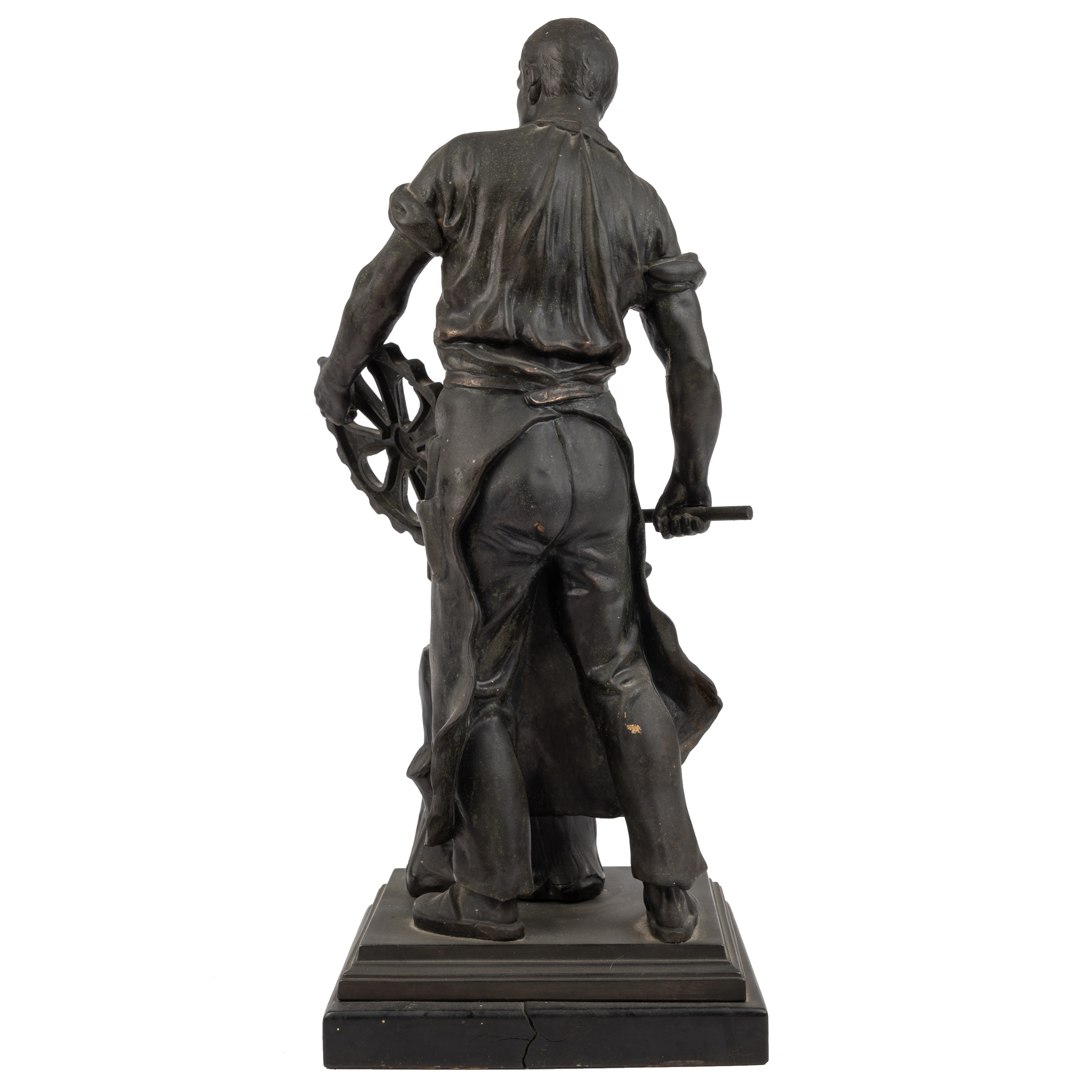 A late 19th century bronzed spelter model of a blacksmith 16cm wide 39cm high - Image 3 of 6