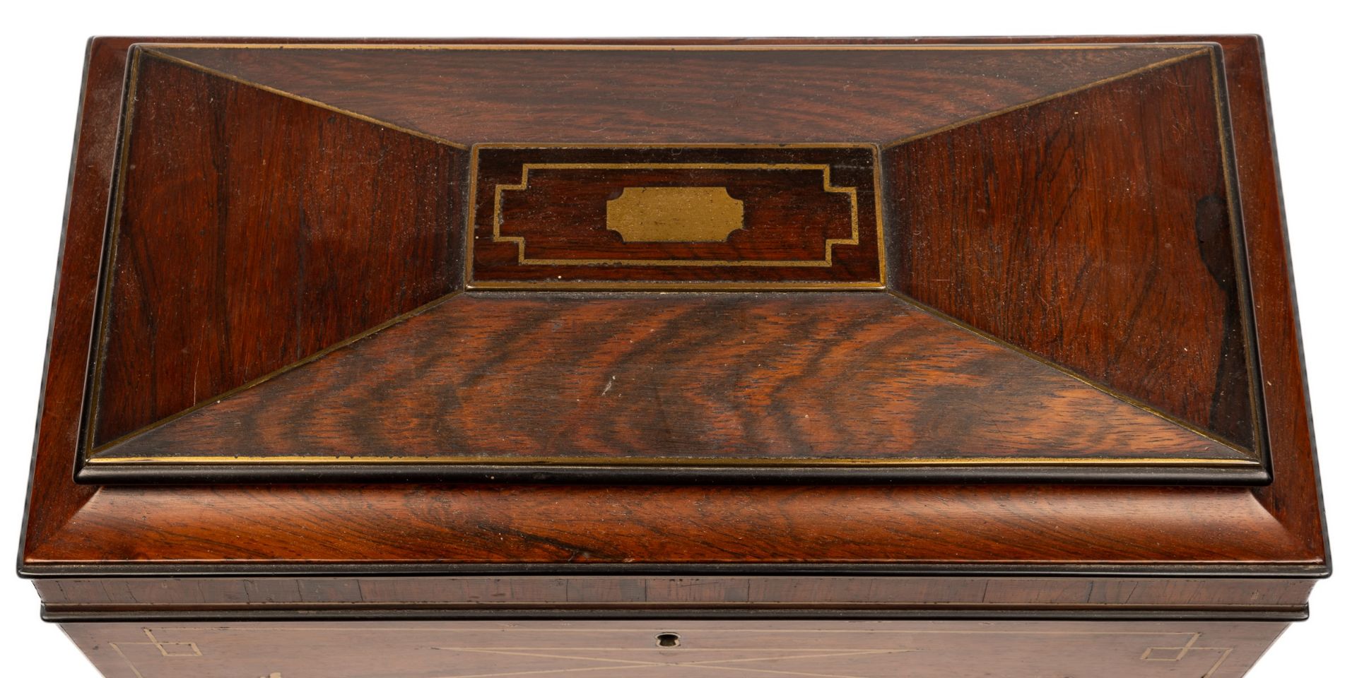 A Regency tea caddy of sarcophagus form on brass paw feet, the top opening to reveal a fitted - Bild 6 aus 6