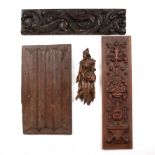 An 18th century carved softwood figure 24cm x 8cm together with three carved wood elements (4) The