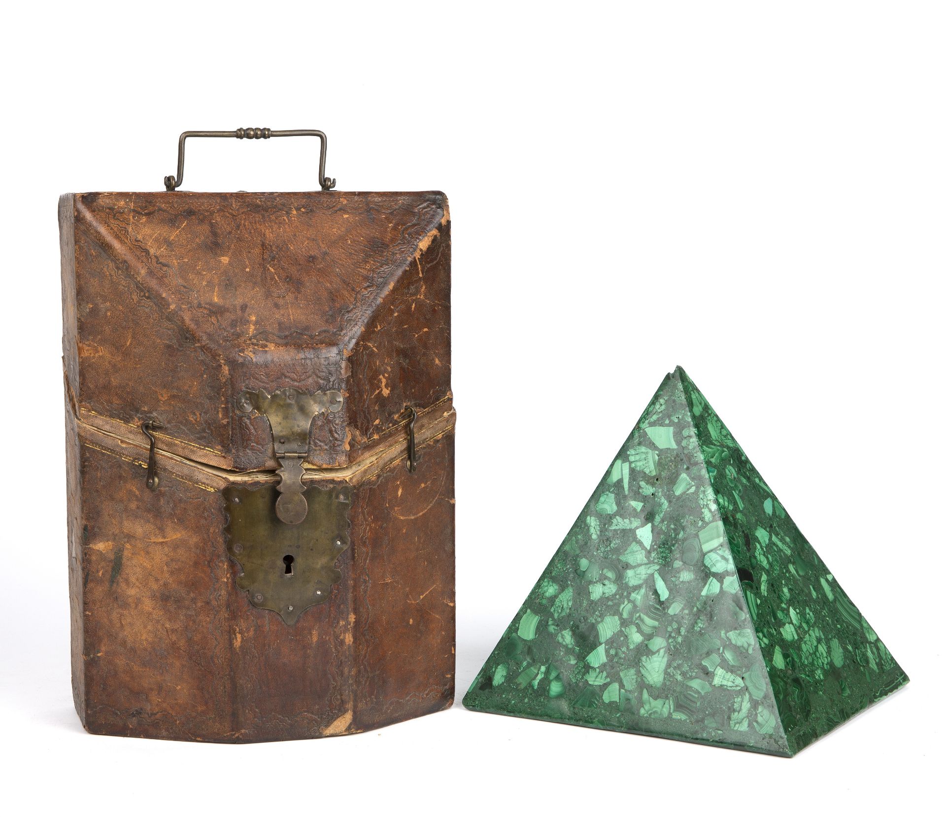 A malachite pyramid 19cm wide 20cm high together with an early 19th century leather bound - Image 2 of 4