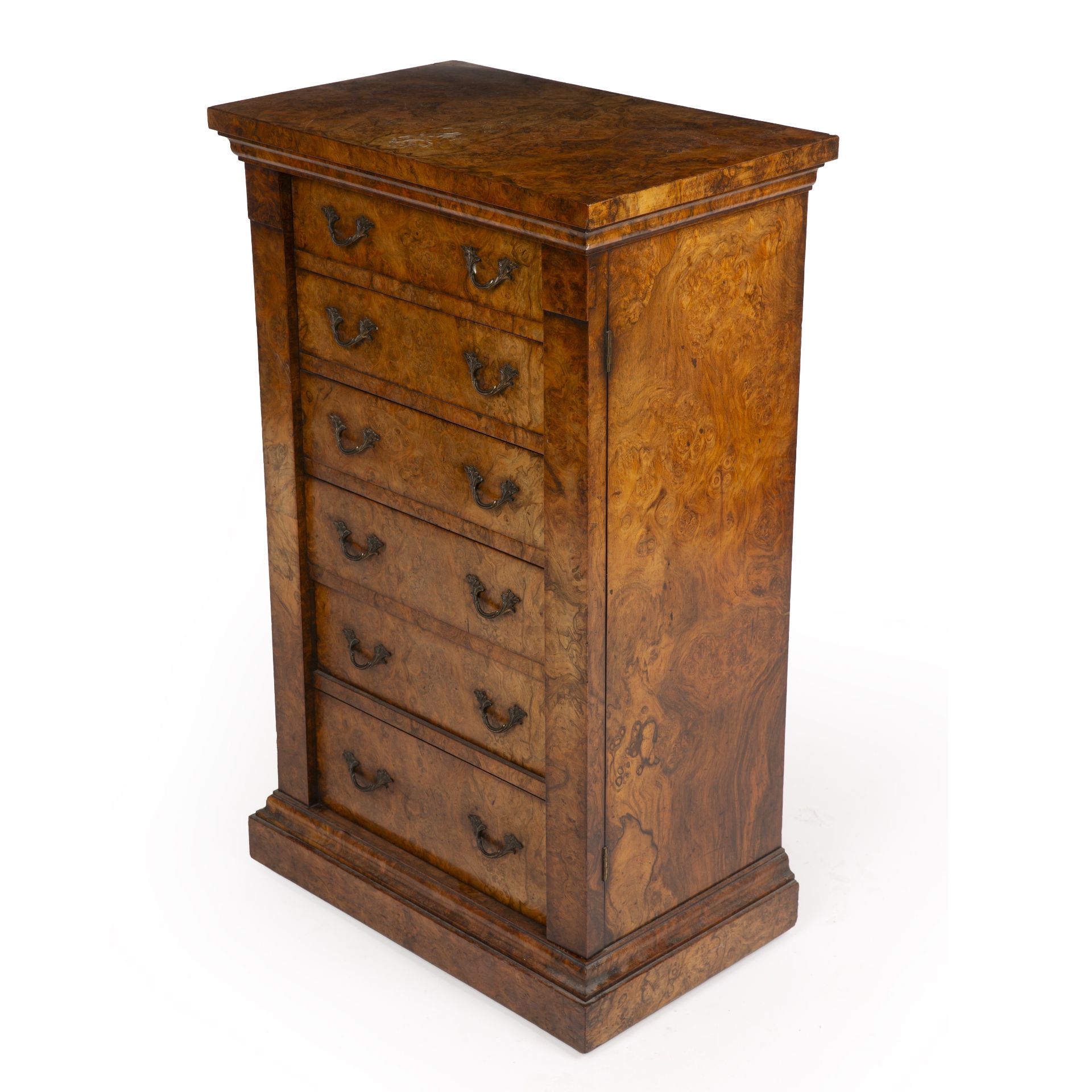 A Victorian burr walnut Wellington chest with six drawers and a plinth base 56cm wide 35cm deep 91cm - Image 3 of 6