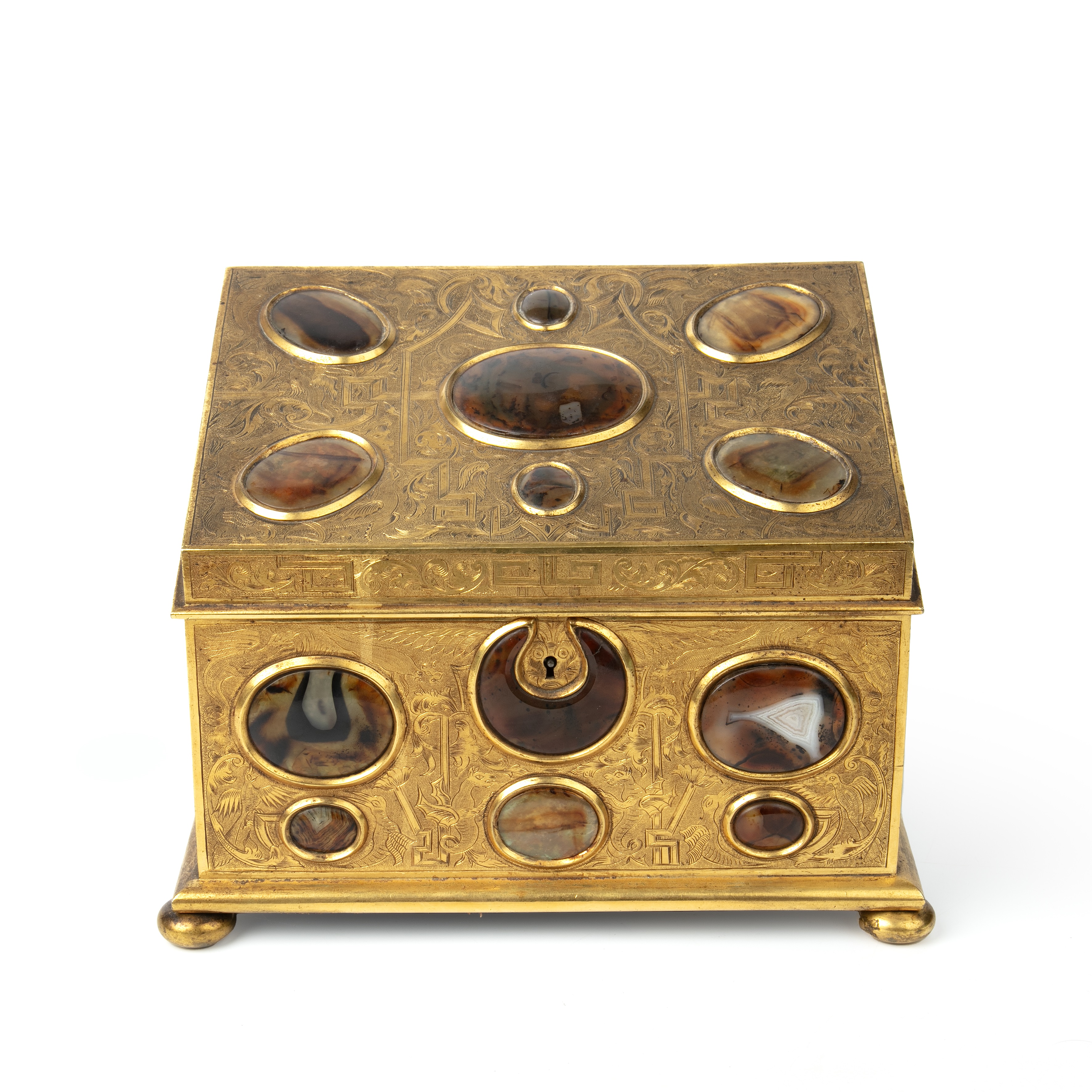 A 19th century correspondence gilt box with engraved decoration and inset cabochon stones hardstones - Image 2 of 25