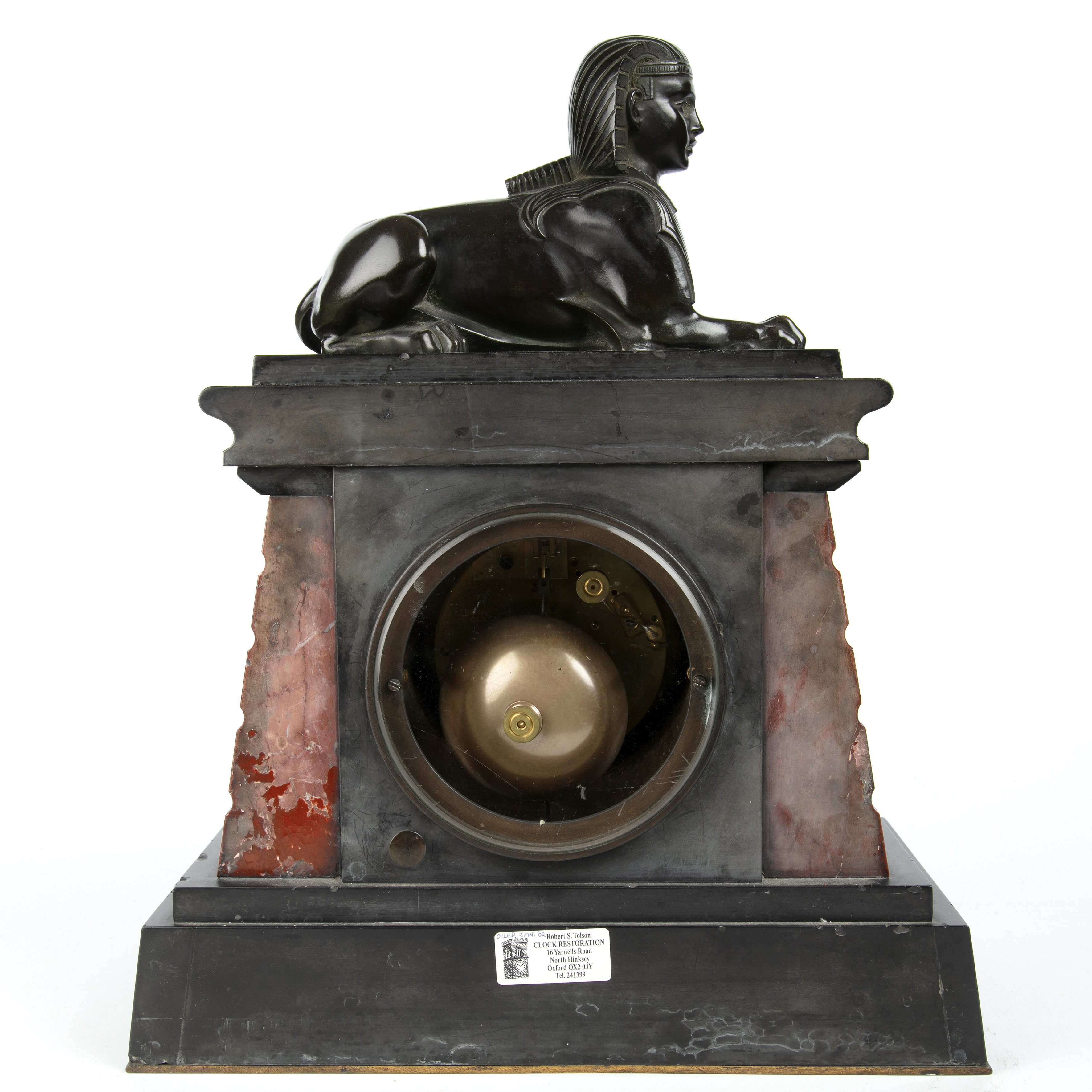 A late 19th century slate mantle clock with a bronze Sphinx, the black dial signed Leroy and Fils, - Image 5 of 5