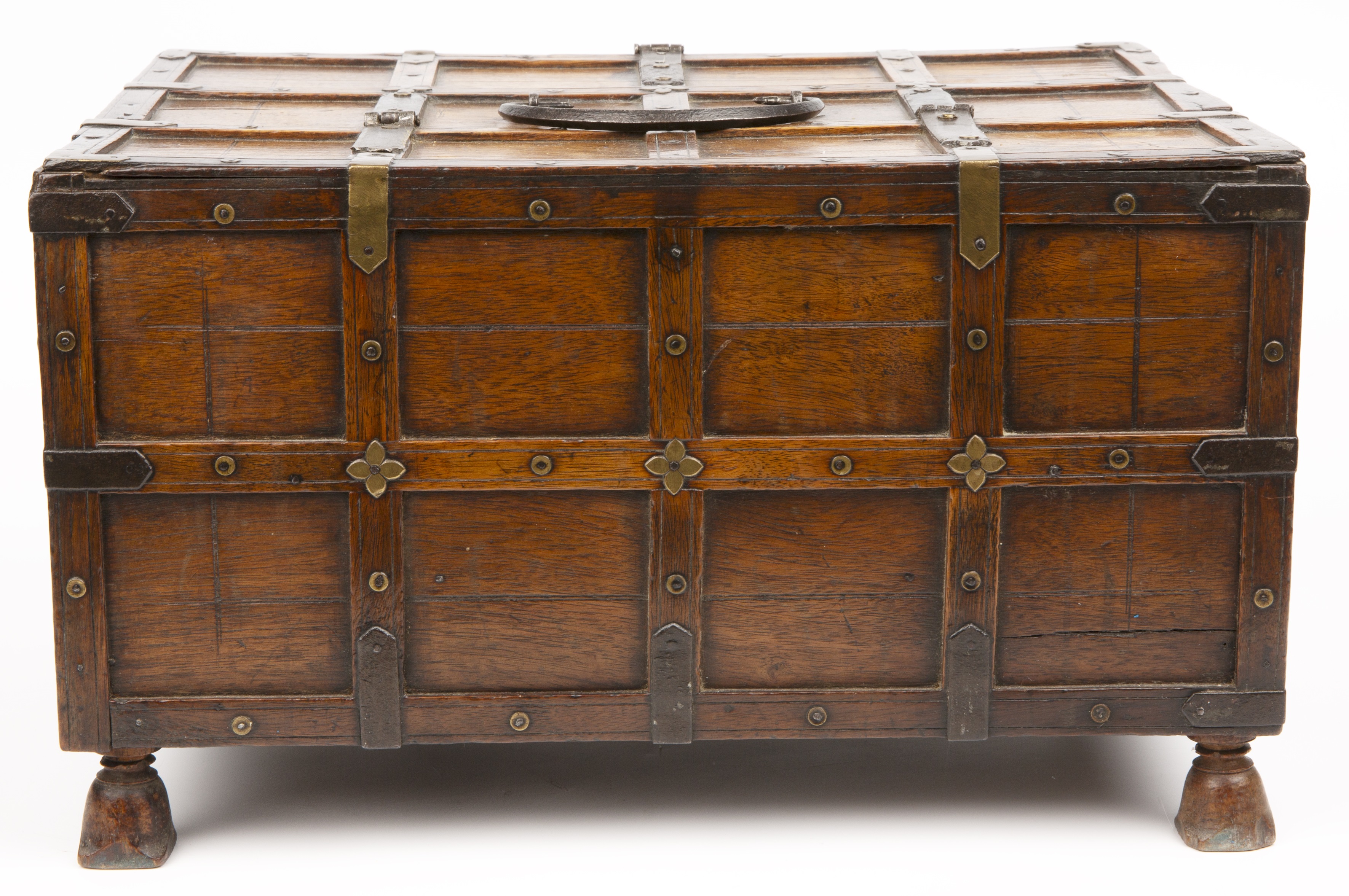 A late 18th early 19th century Indian dowry box with metal mounts and turned feet 37cm wide 26cm - Image 3 of 6