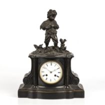 A 19th century French polished slate mantle clock, the white enamel Roman dial signed A Brocot &