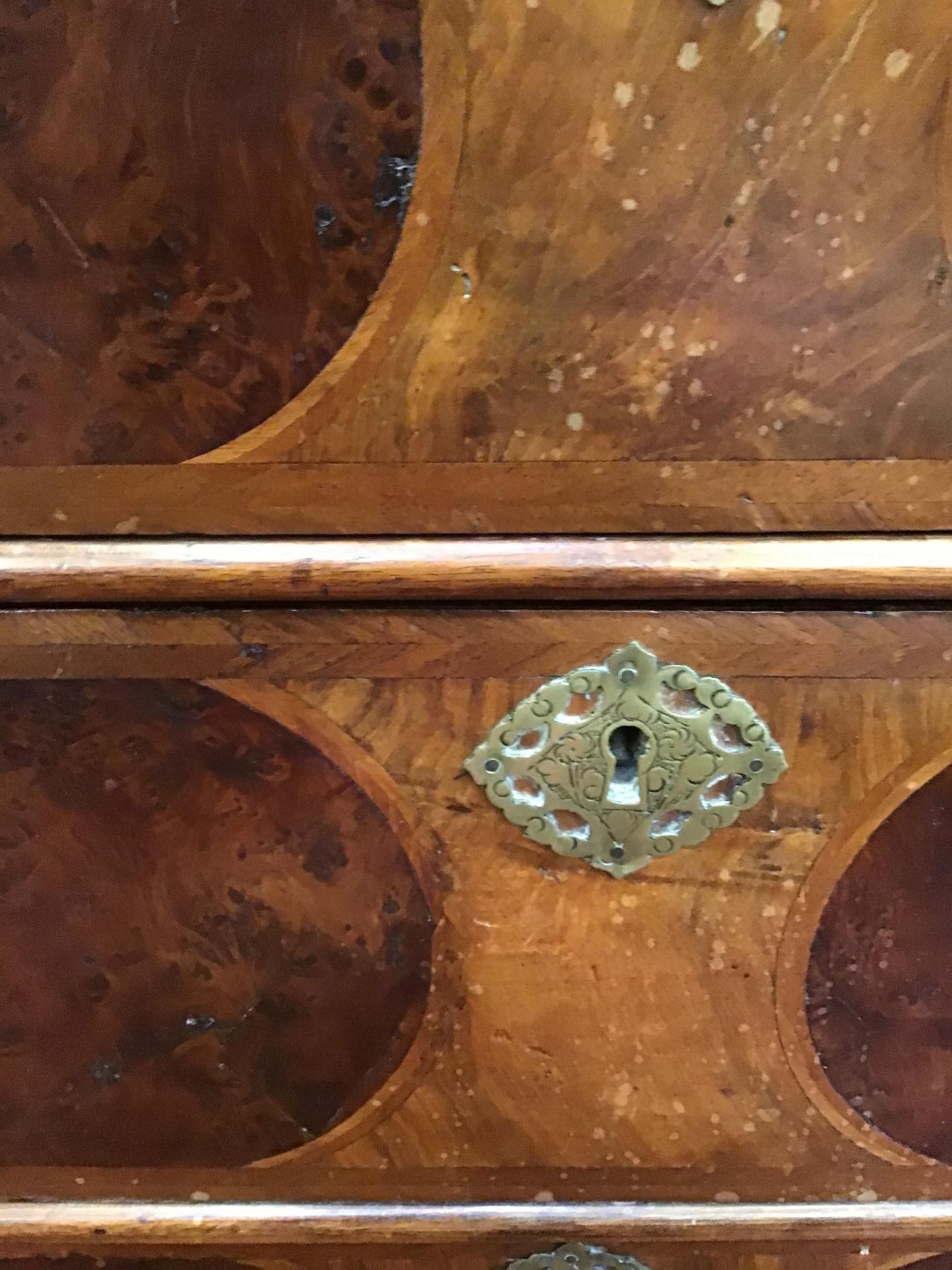 An 18th century walnut and burr wood inlaid chest of two short and three long drawers having brass - Image 13 of 18