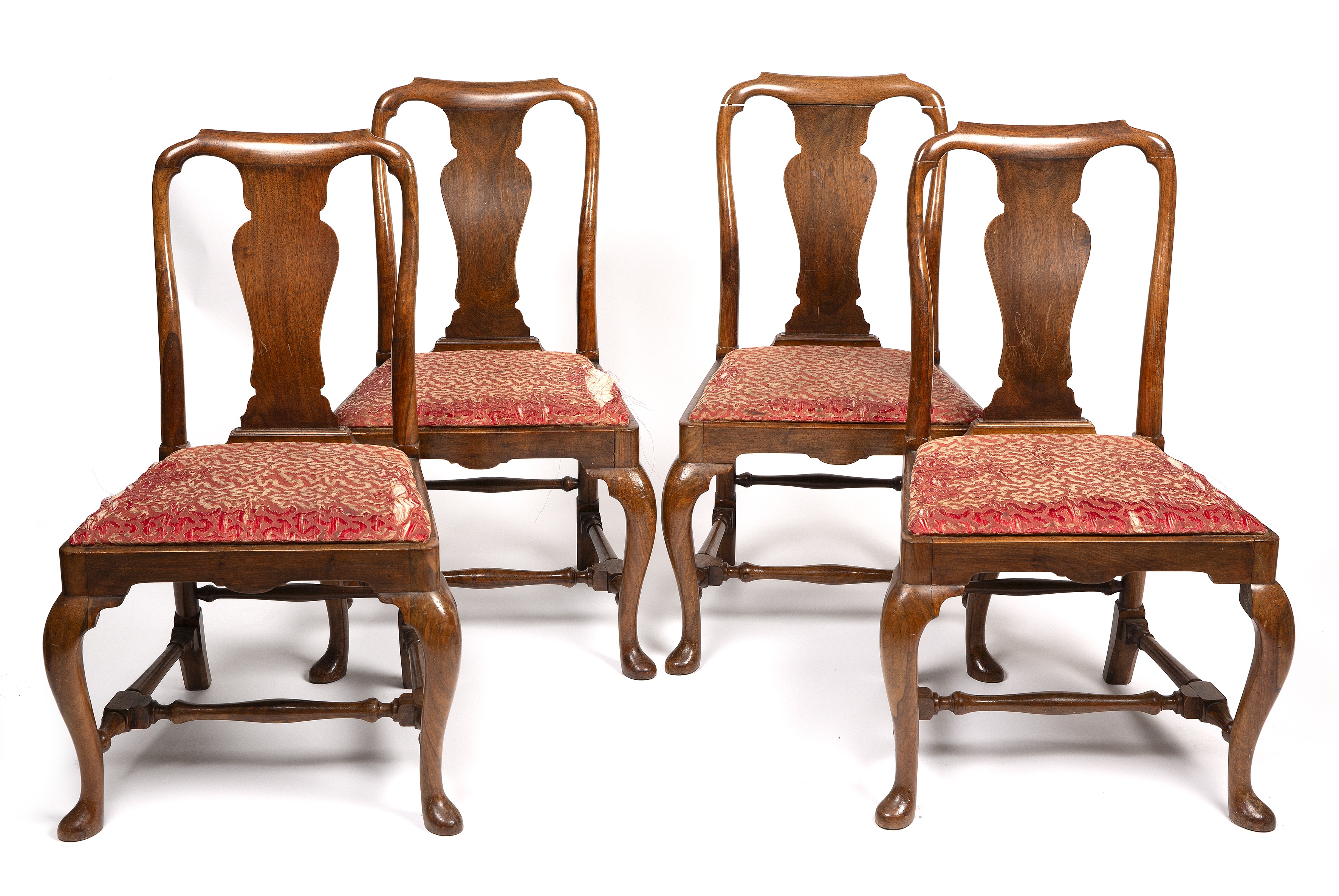 A set of four Queen Anne style walnut chairs, with inset seats and cabriole legs, 57cm wide 53cm