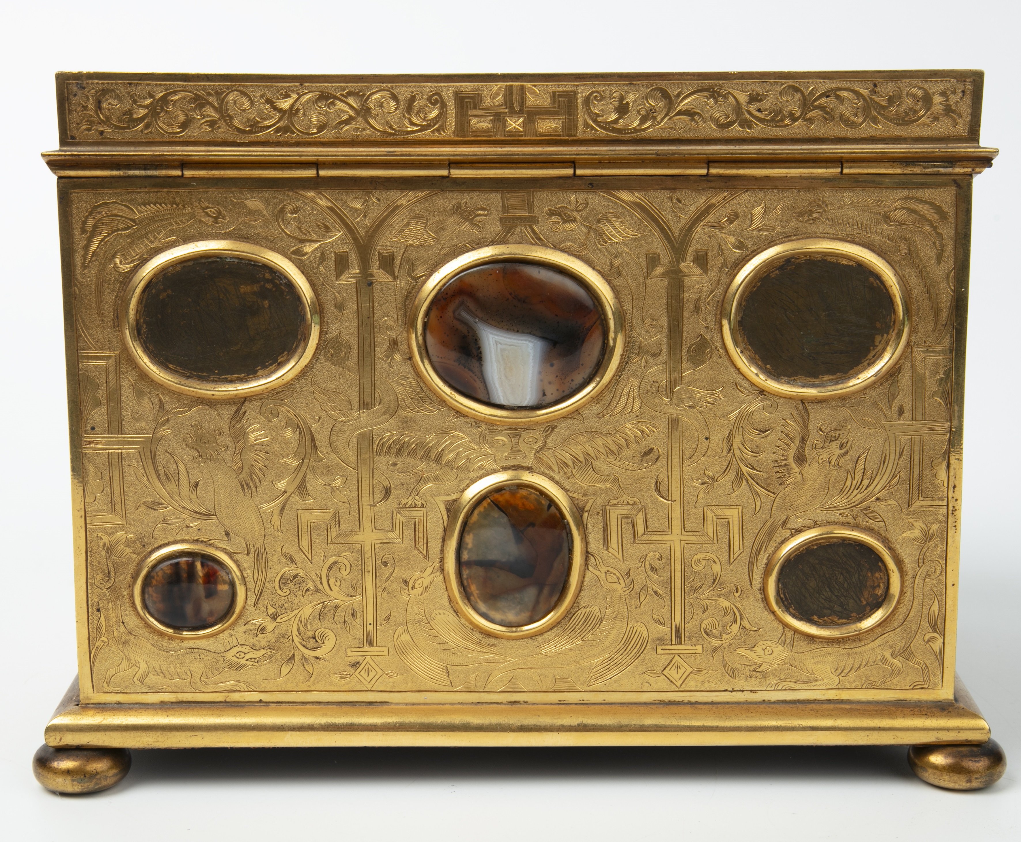 A 19th century correspondence gilt box with engraved decoration and inset cabochon stones hardstones - Image 5 of 25