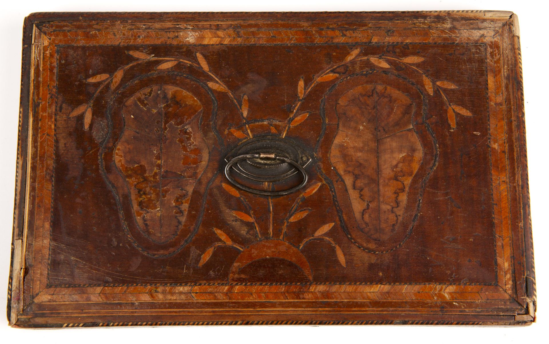 A George III marquetry tea caddy 20cm wide 13cm deep 13cm high (for restoration) - Image 8 of 8