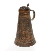 An arts and crafts copper jug of tapering form with a hinged lid and embossed foliate decoration,