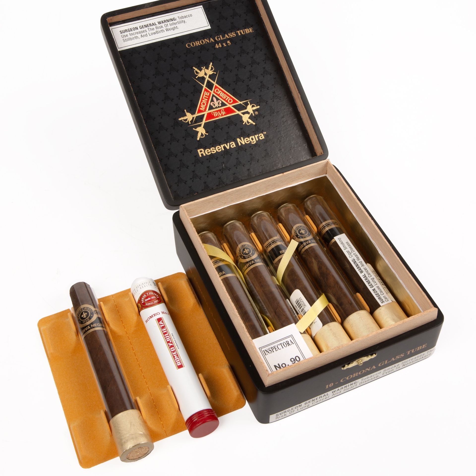 Six Monte Cristo Reserva Negra cigars, corona glass tube , each 14.5cm.