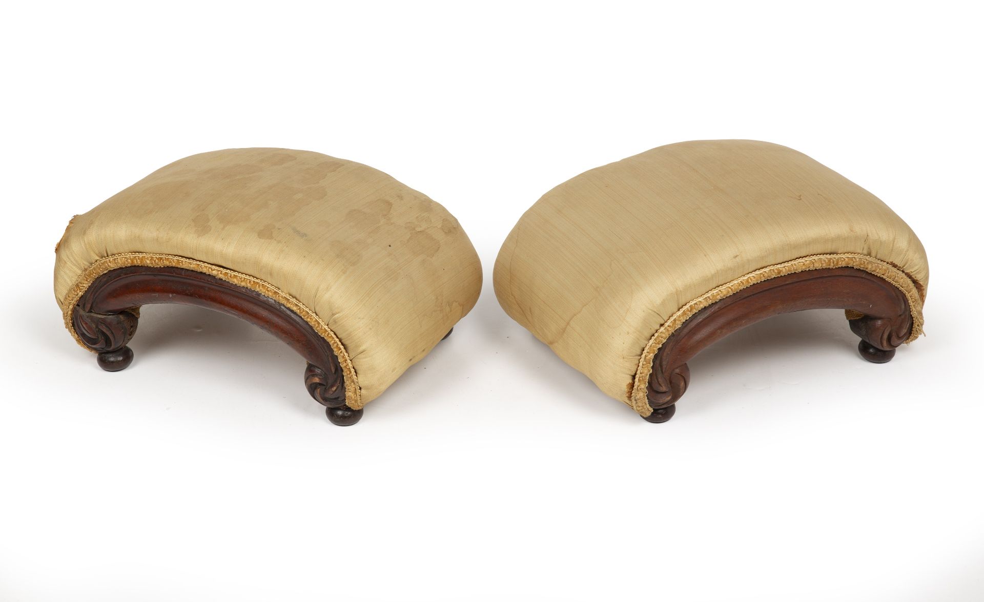A pair of Victorian silk upholstered footstools, 38cm wide 25cm deep 17cm high - Image 2 of 3