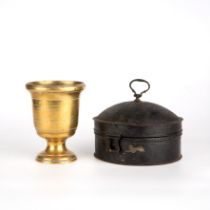 A Georgian toleware spice tin 15cm diameter together with an antique brass mortar 10cm x 13cm