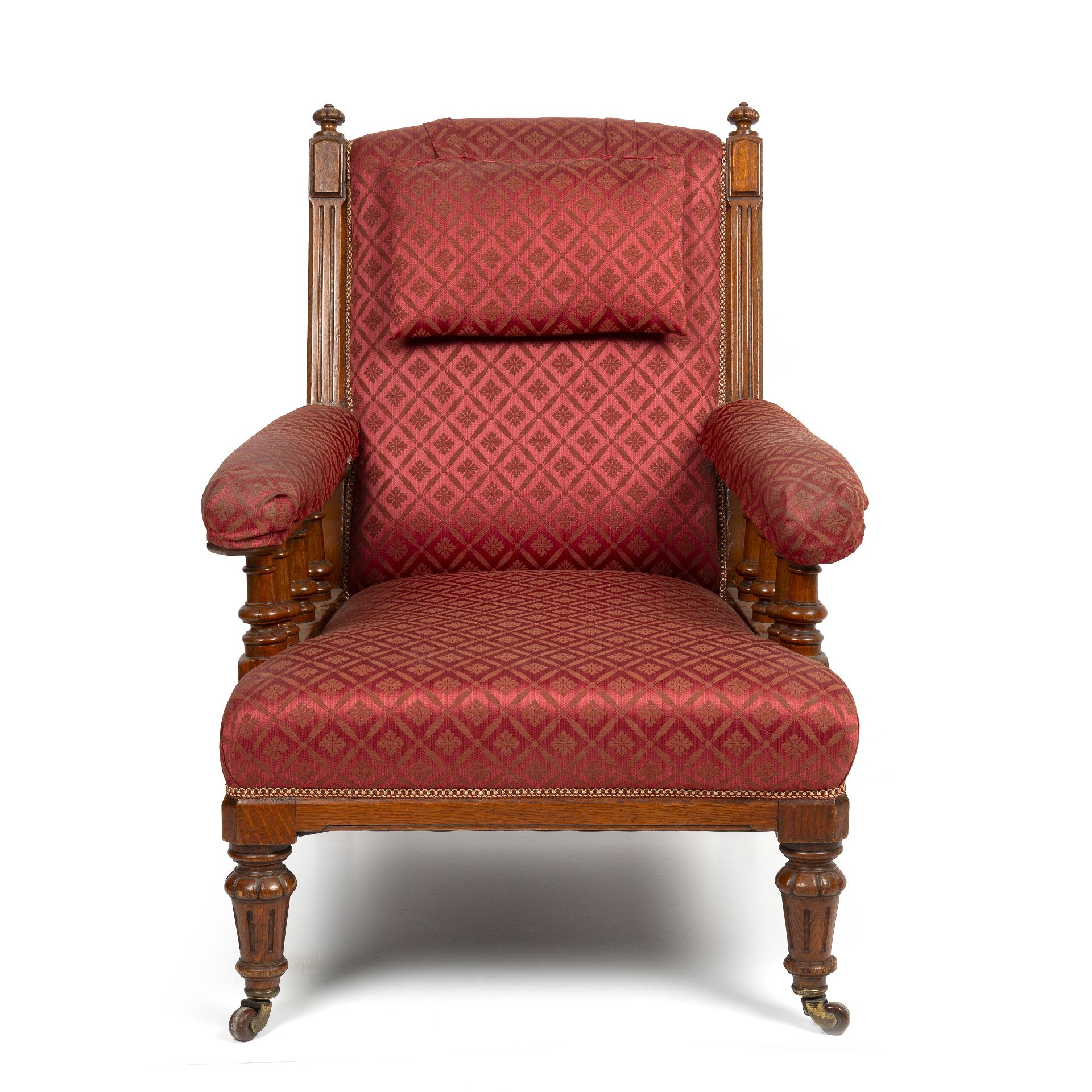 A Victorian oak upholstered armchair the open arms with turned supports and having turned front legs - Image 2 of 4