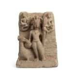 An antique Indian sandstone relief panel depicting a deity and mythical creatures16cm wide 22cm high