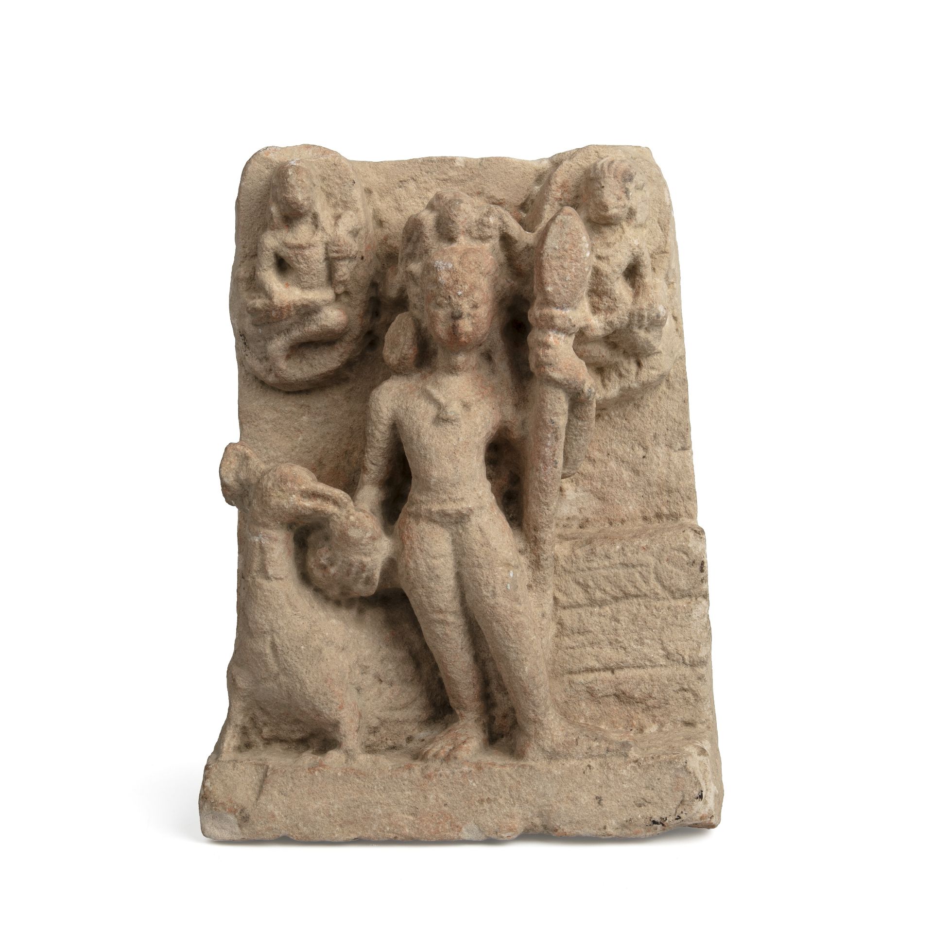 An antique Indian sandstone relief panel depicting a deity and mythical creatures16cm wide 22cm high