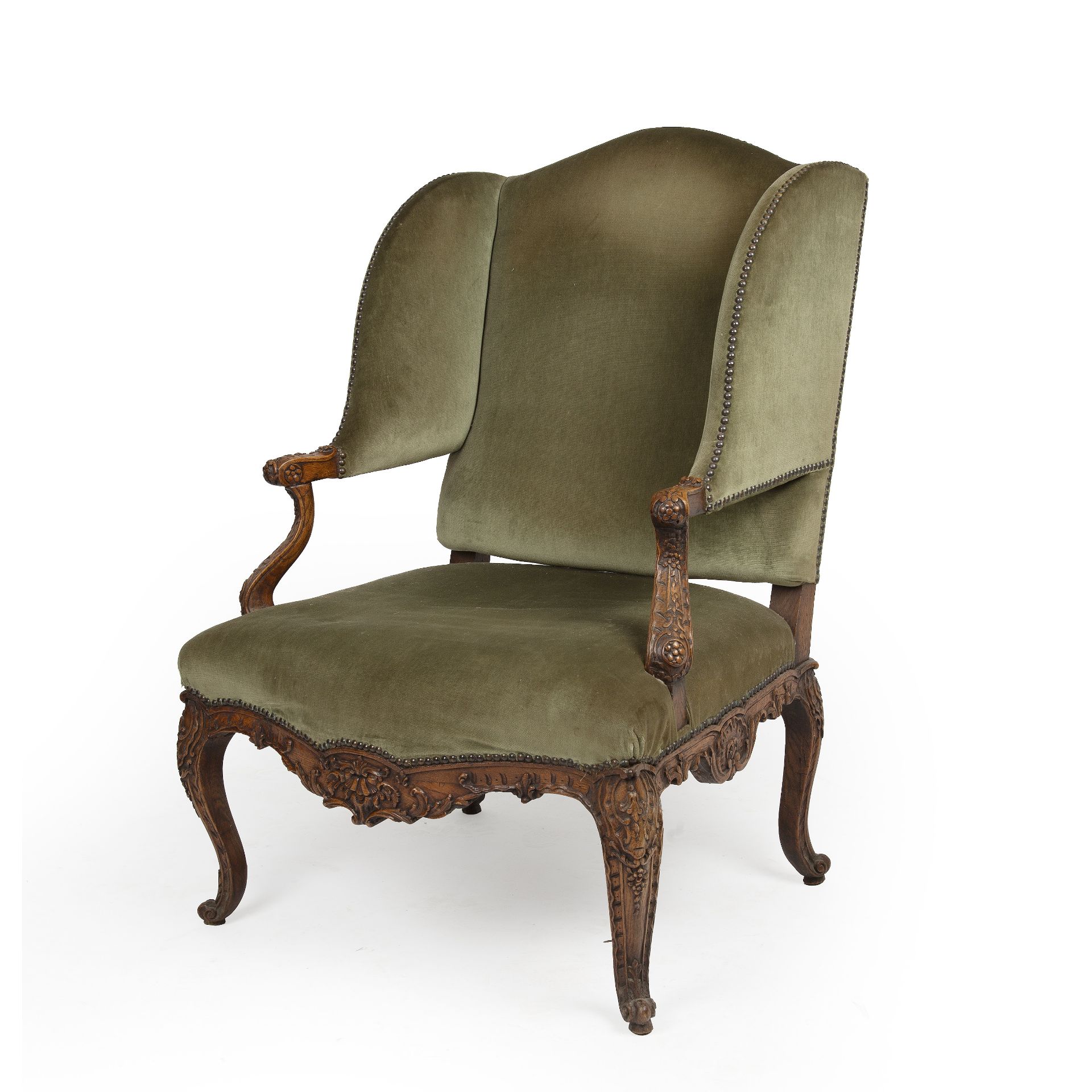 A Louis XVI style wing back upholstered armchair with a carved oak frame 75cm wide - Bild 2 aus 3