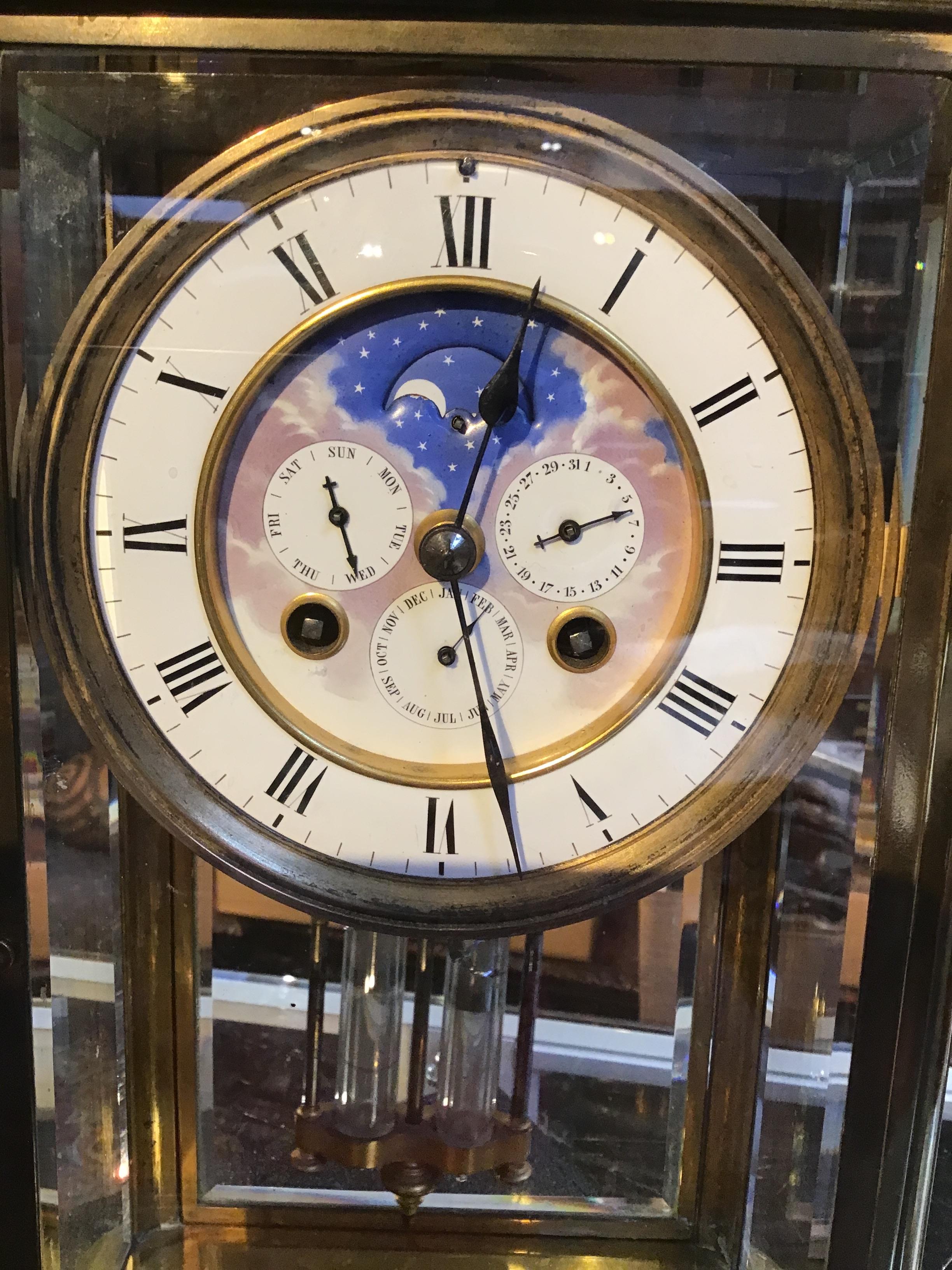 A 19th century French four glass gilt metal mantle clock, the enamel dial with roman numerals, - Bild 6 aus 16