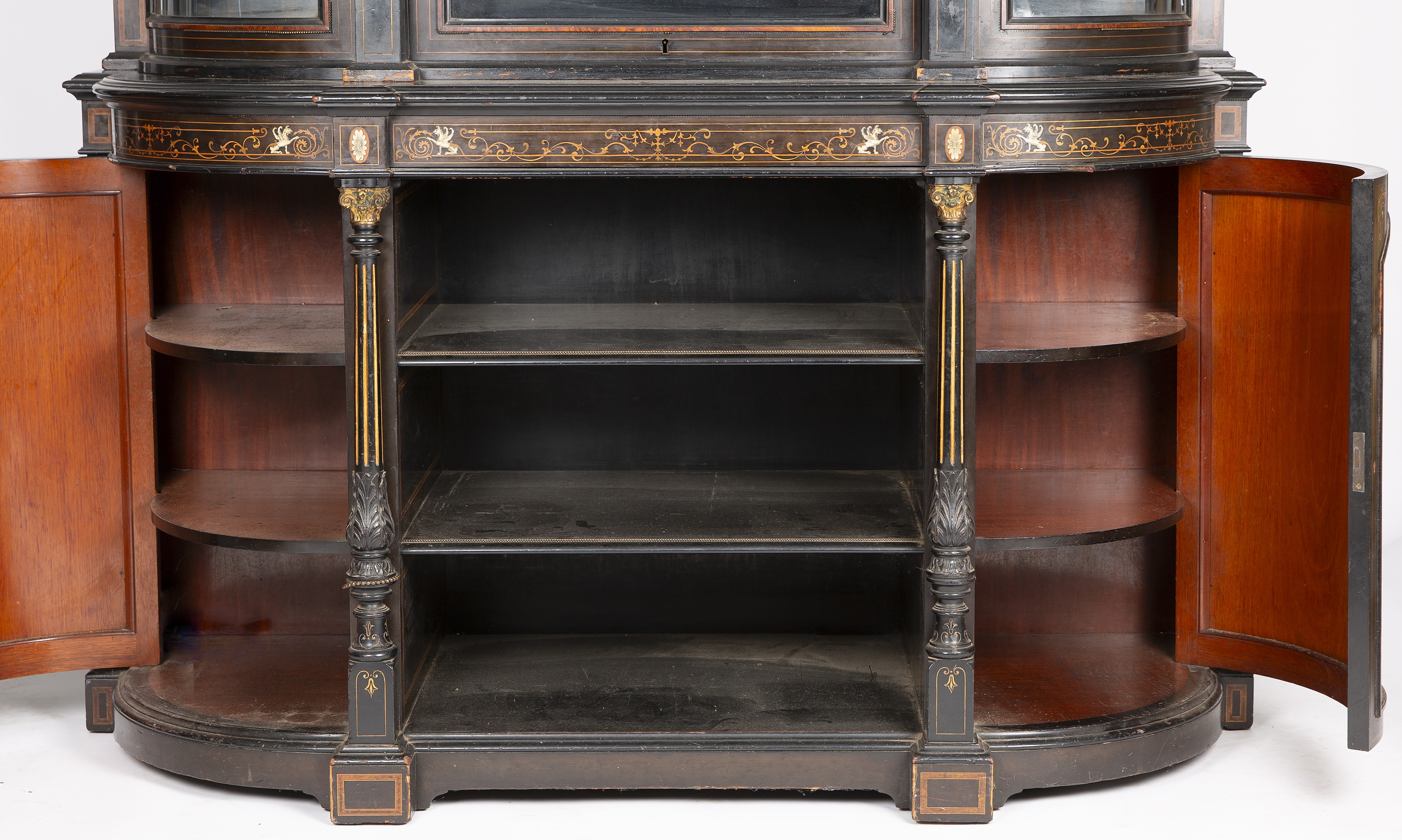 An Edwardian ebonised library cabinet with a glazed bookcase top, pillar supports and inlaid - Image 2 of 7