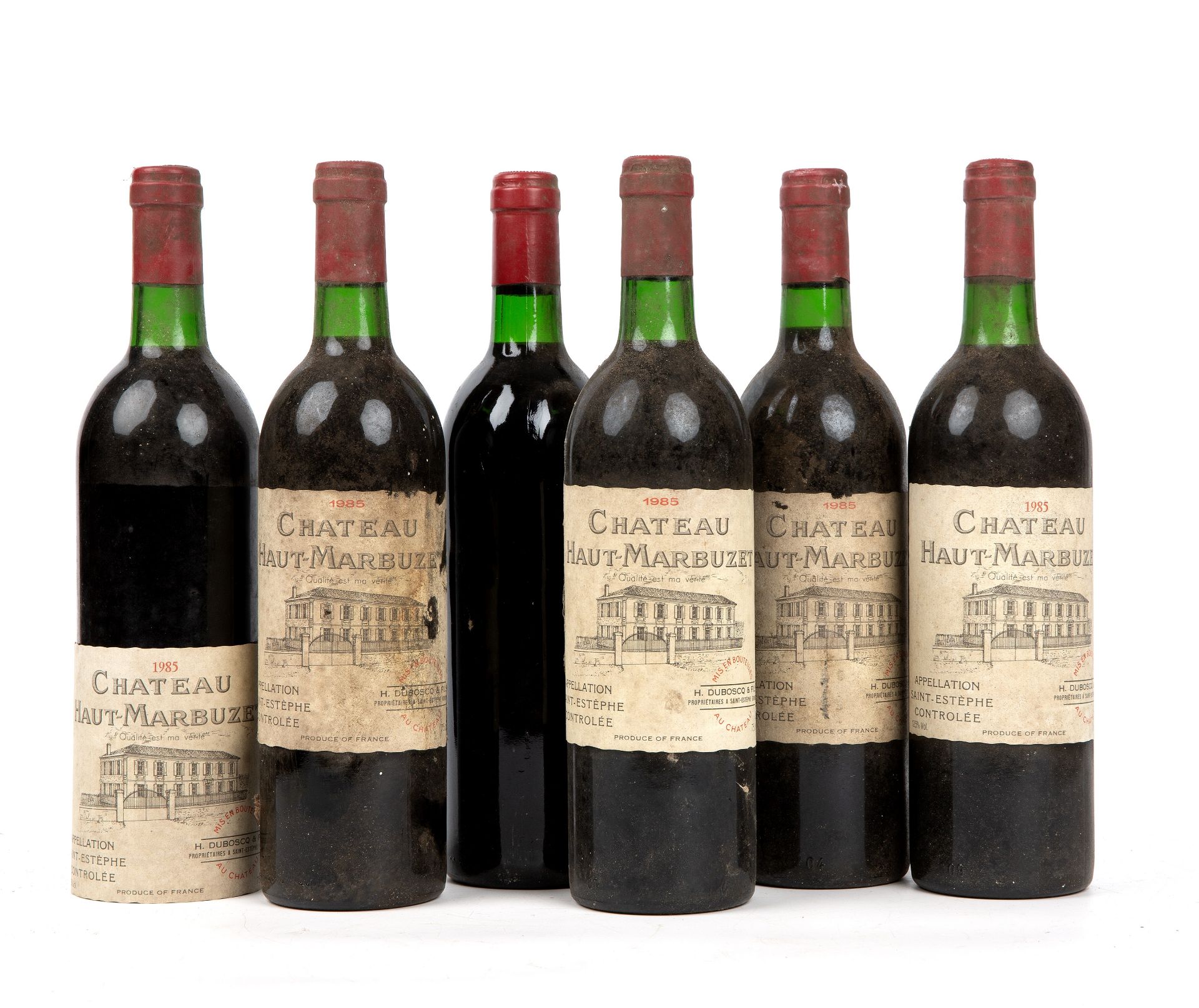 Six bottles of 1985 Chateau Haut-Marbuzet, Saint-Estephe, France (6) Cellar stored, one lable