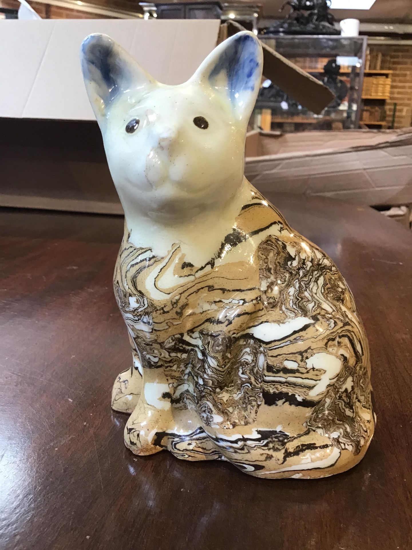 A 19th century agate ware pottery cat, with marbled glaze circa 1860 1cm wide 14.5cm high Hairline - Image 11 of 12