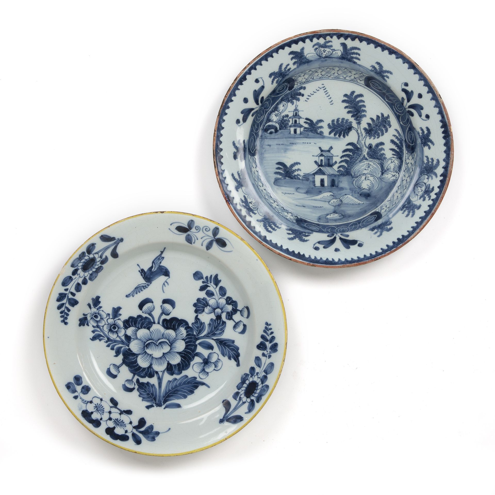 Two 18th century London Delft chargers, one with chinoiserie scenes and one with flowers, circa